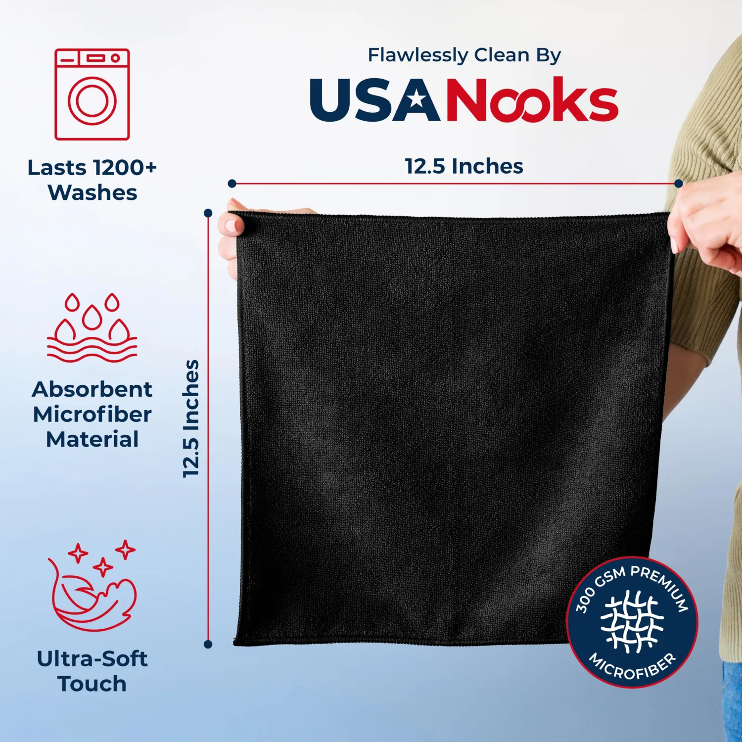 USANOOKS Premium 300GSM Microfiber Cleaning Cloth - 12.5"x12.5" High Performance - 1200 Washes, Ultra Absorbent Microfiber Towels for Cars Undercarriage, Rims & Engine Bay Cleaning - Microfiber Cloth