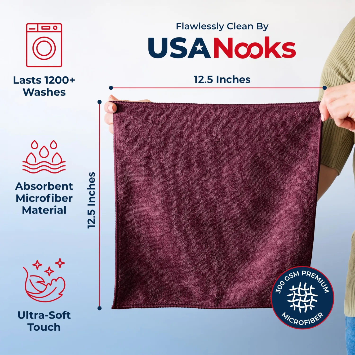 USANOOKS Premium 300GSM Microfiber Cleaning Cloth - 12.5"x12.5" High Performance - 1200 Washes, Ultra Absorbent Microfiber Towels for Cars Undercarriage, Rims & Engine Bay Cleaning - Microfiber Cloth