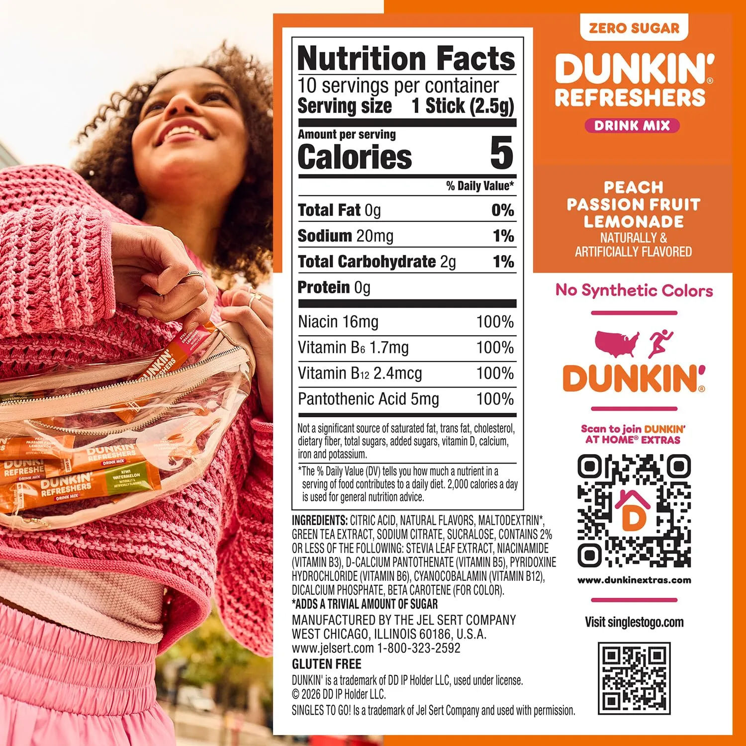 Dunkin’ Zero Sugar Refreshers Singles To Go! Powdered drink mix packets, Peach Passionfruit Lemonade,10 packets per box Energy from Green Tea, aspartame-free, no synthetic colors, naturally and artificially flavored, just add water