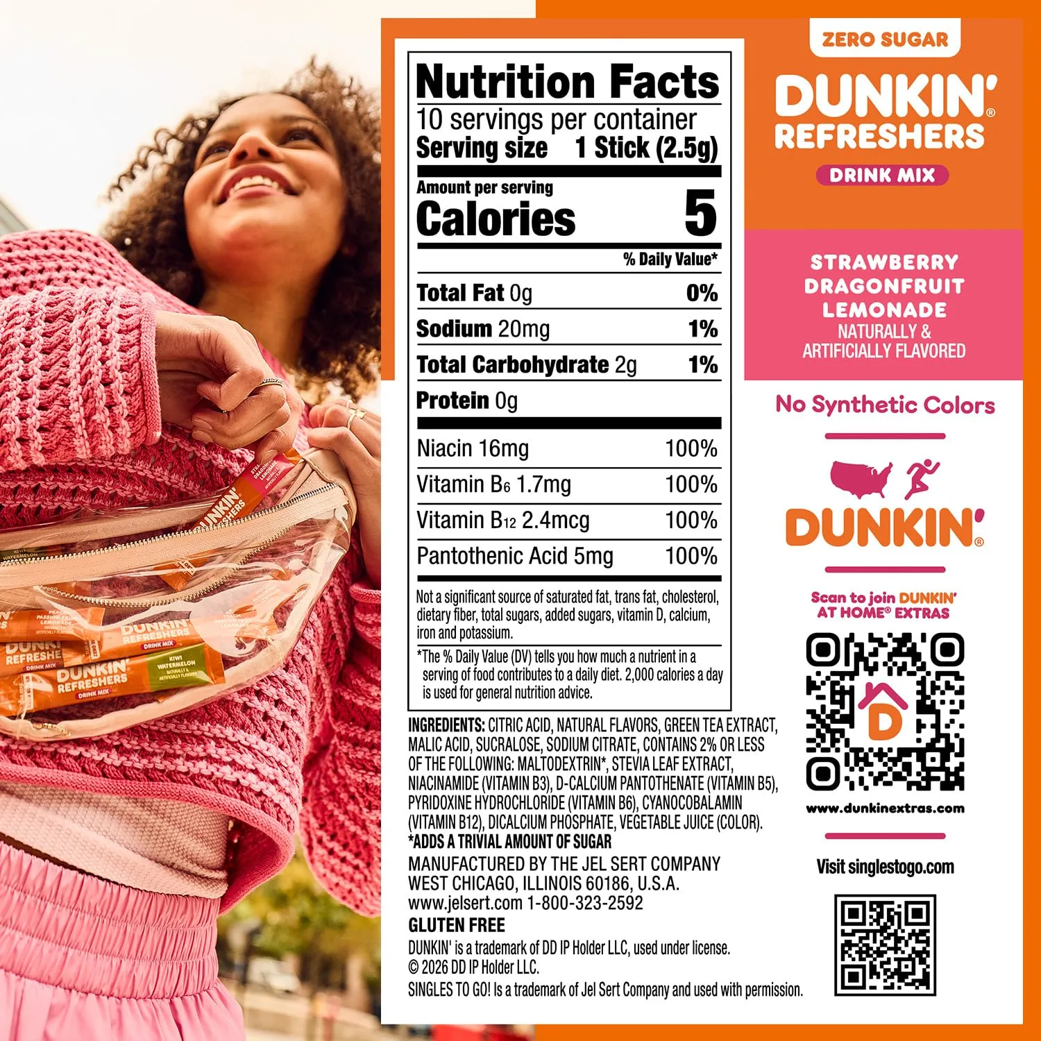 Dunkin’ Zero Sugar Refreshers Singles To Go! Powdered drink mix packets, Strawberry Dragonfruit Lemonade, 10 packets per box , Energy from Green Tea, aspartame-free, no synthetic colors, naturally and artificially flavored, just add water