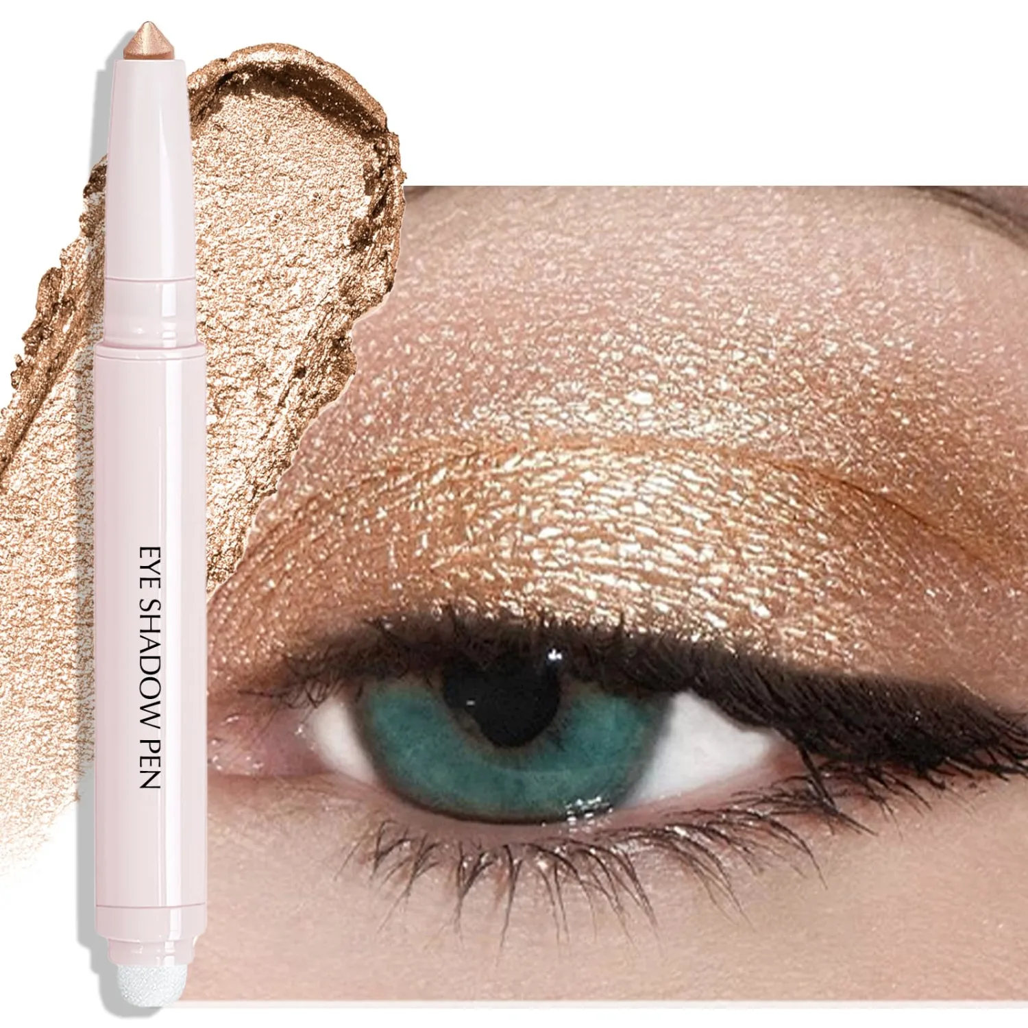 Eyeshadow Stick, Sand Shimmer Cream Eyeshadow Long-Lasting Crease-Proof Glitter Eyeliner Pencil High Pigmented Neutral Highlighter Makeup Crayon with Blending Brush & Built-in Sharpener
