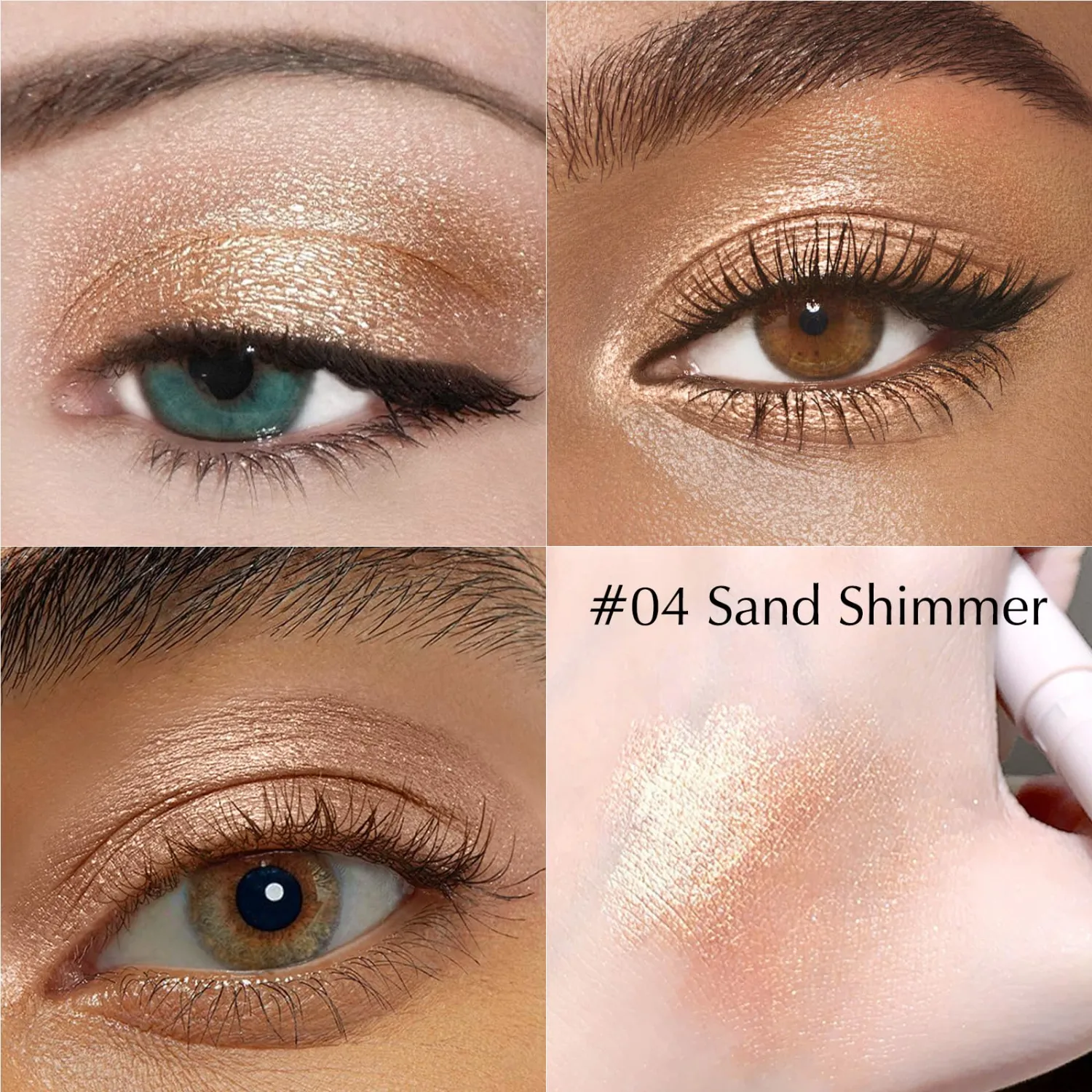 Eyeshadow Stick, Sand Shimmer Cream Eyeshadow Long-Lasting Crease-Proof Glitter Eyeliner Pencil High Pigmented Neutral Highlighter Makeup Crayon with Blending Brush & Built-in Sharpener
