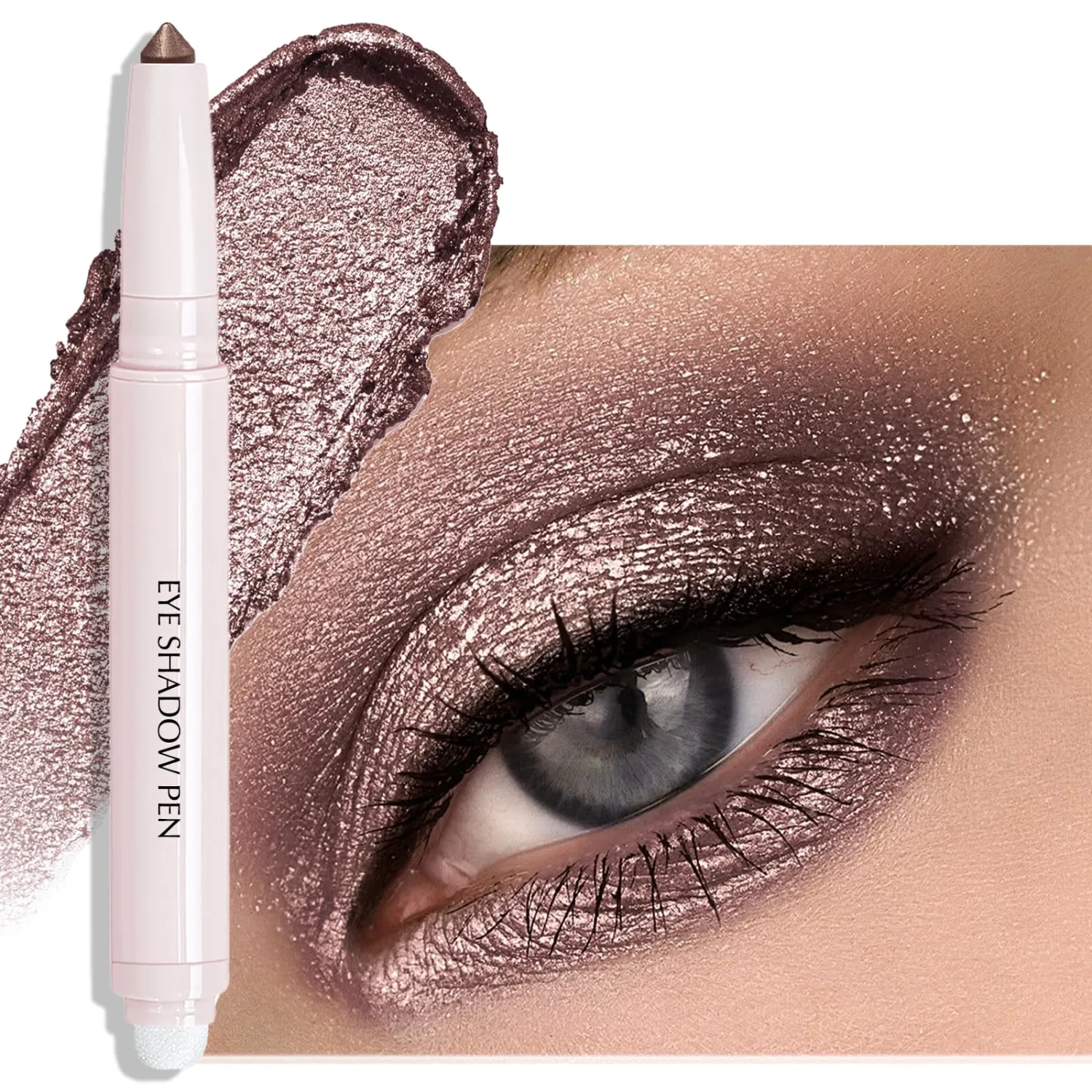 Taupe Shimmer Eyeshadow Stick, Cream Eyeshadow Long-Lasting Crease-Proof Neutral Glitter Eye Shadow Eyeliner Pencil High Pigmented Highlighter Makeup with Blending Brush & Built-in Sharpener