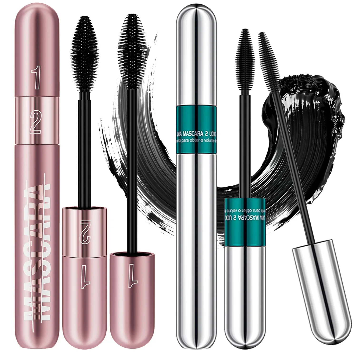 2Pcs 2 in 1 Mascara 5x Longer Waterproof Lash Cosmetics Natural Lengthening and Thickening Effect No Clumping Superstrong Magic 4d Silk Fiber For Mascara Makeup Gifts Suitable for Girls(Black)