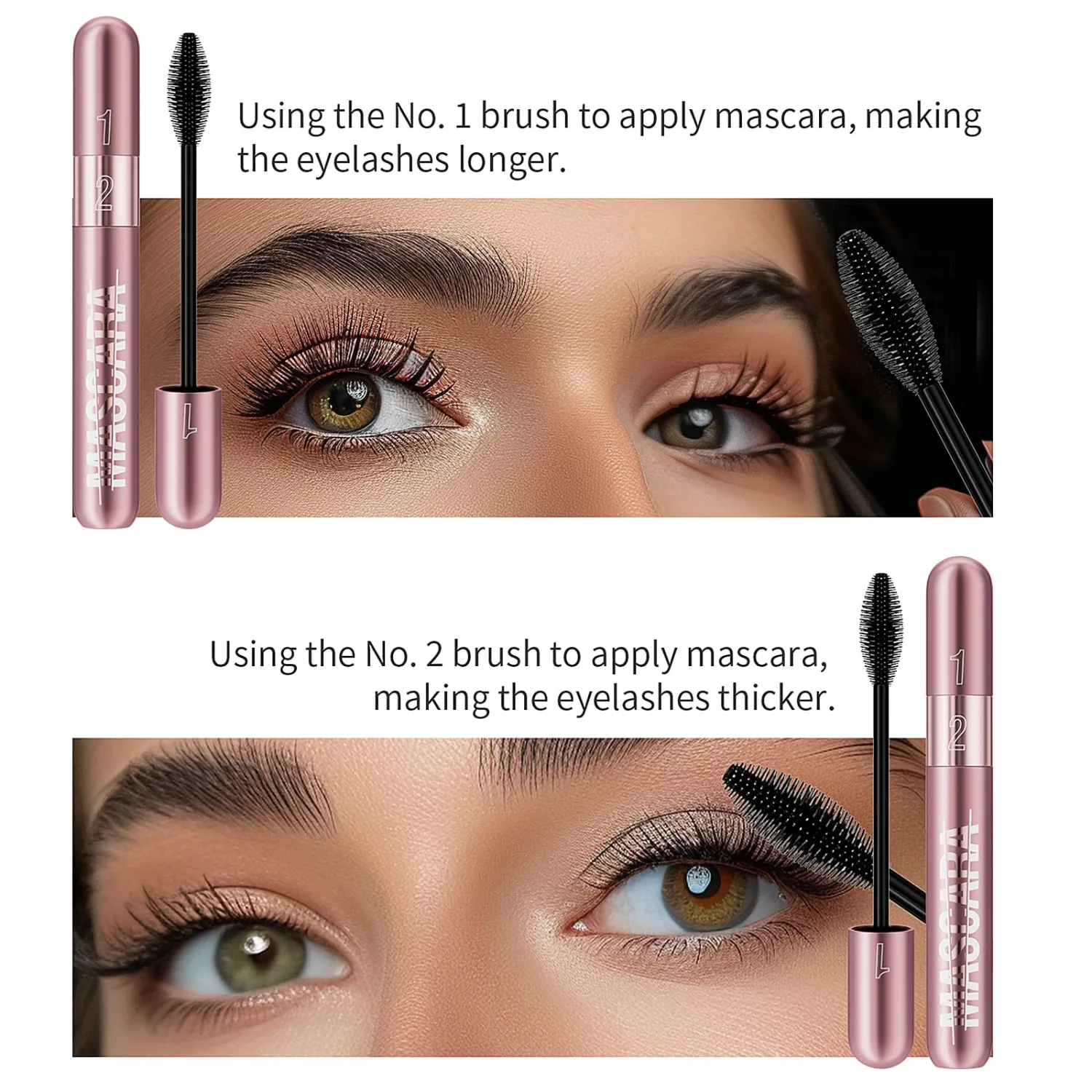 2Pcs 2 in 1 Mascara 5x Longer Waterproof Lash Cosmetics Natural Lengthening and Thickening Effect No Clumping Superstrong Magic 4d Silk Fiber For Mascara Makeup Gifts Suitable for Girls(Black)