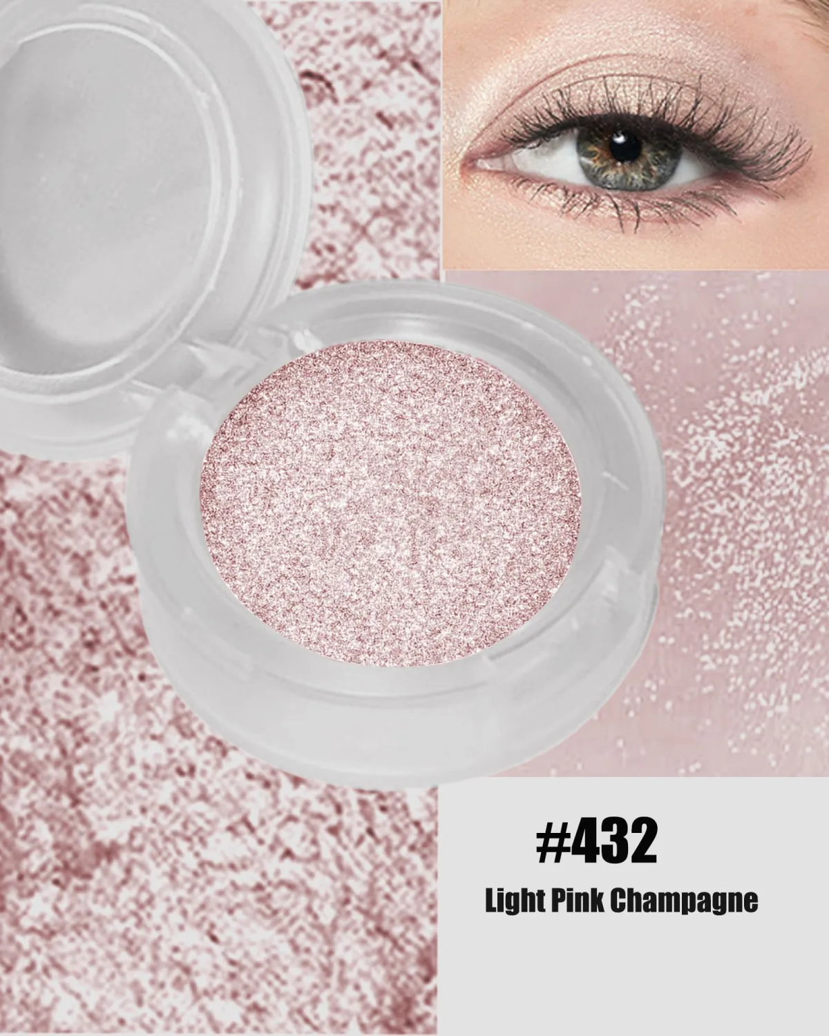 Single Glitter Eyeshadow, Shimmer Glitter Eye Shadow Champagne Light Glow Palette Makeup, High Pigment Waterproof Sparkly Pressed Eye Shadows Powder with Lightweight, Blendable for Daily Eye Look-432