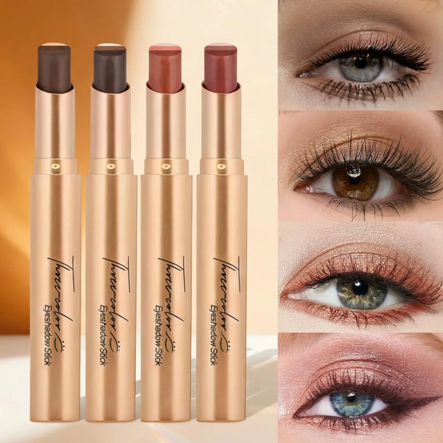 3 Colors Cream Eyeshadow Stick, Silky Smooth Long Lasting Waterproof Eye Shadow Makeup Stick, Easy Application Shimmer Finish Eyeshadow Pencil - 03 Fine Glitter Orange