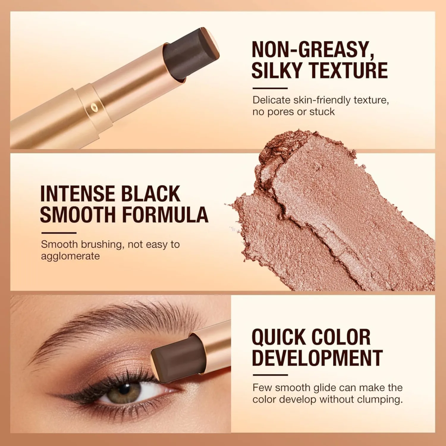 3 Colors Cream Eyeshadow Stick, Silky Smooth Long Lasting Waterproof Eye Shadow Makeup Stick, Easy Application Shimmer Finish Eyeshadow Pencil - 03 Fine Glitter Orange