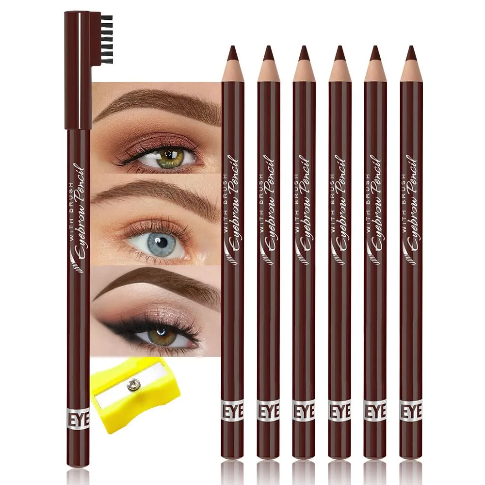 WanTuoluo Eyebrow Pencils for Women with Sharpener, 6Pcs Hard-Core Wooden Eye Brow Eye Liner Pencils for Beginner Makeup, Waterproof & Sweat-Proof (6Pcs-Brown)