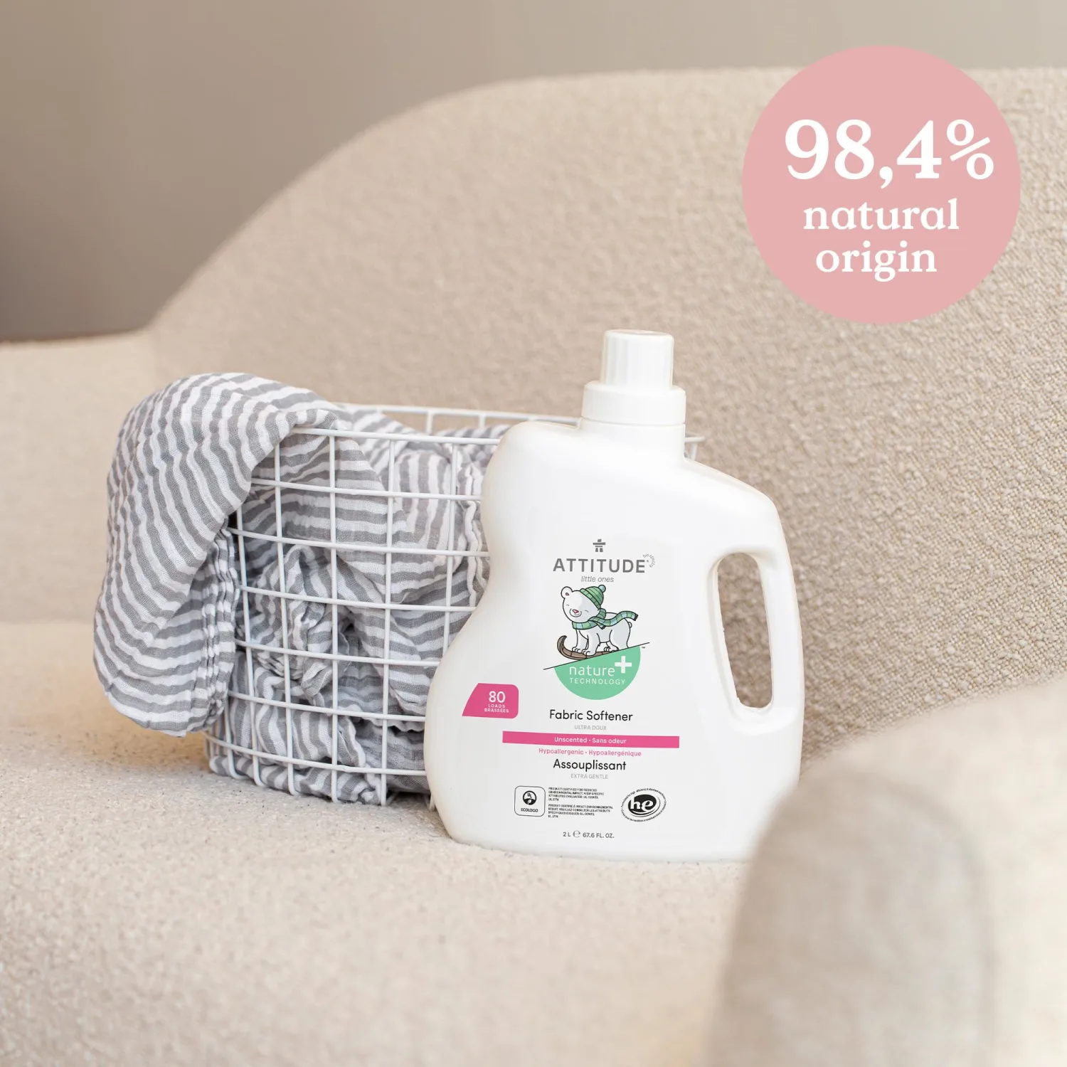 ATTITUDE Baby Fabric Softener, Plant and Mineral-Based Ingredients, HE Compatible, Vegan and Cruelty-free Laundry and Household Products, Unscented, 80 Loads, 67.6 Fl Oz