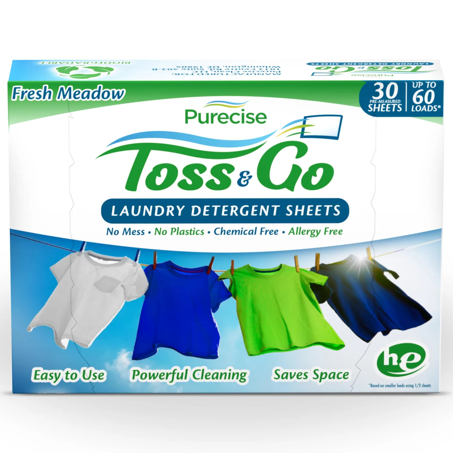 Purecise - Toss & Go - Fresh Meadow Laundry Detergent Sheets - Powerful Clean, No Mess, Fast-Dissolving, No Residue - 60 Loads - 30ct Pack of 1