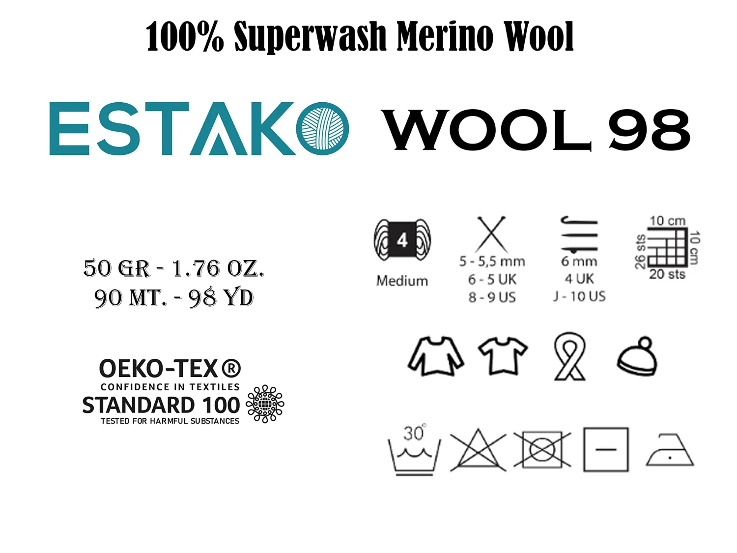 Estako Wool 98 100% Superwash Merino Wool Medium Worsted Weight Soft Knitting and Crochet Yarn 1.76 oz (50gr) 98 yds (90 yds) (6391 - Pistachio)