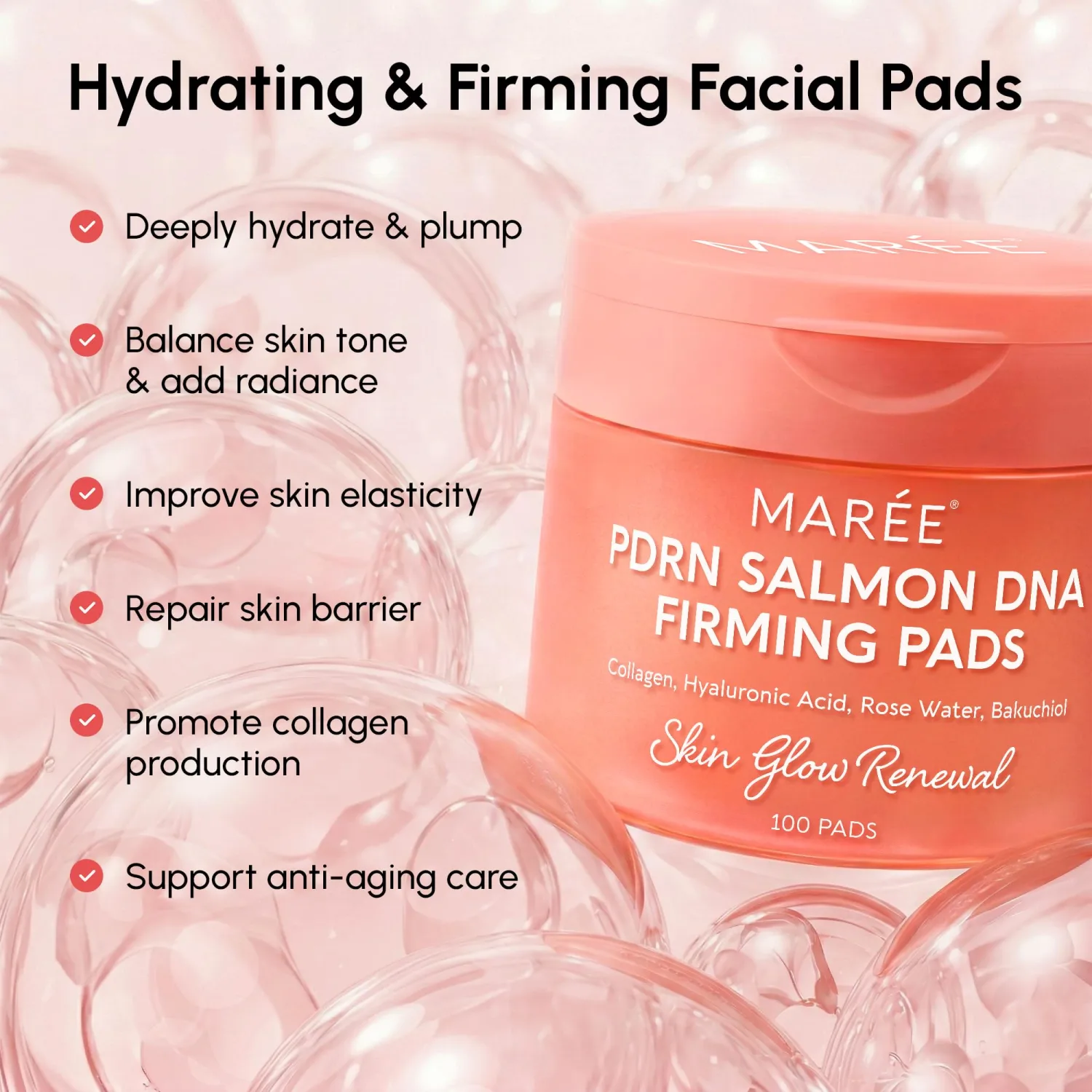 MAREE PDRN Salmon DNA Toner Pads for Face - Firming Facial Polishes with Salmon PDRN, Collagen, Hyaluronic Acid, Bakuchiol - Anti Wrinkle Anti Aging Care, Acne Treatment Device Acne Pads