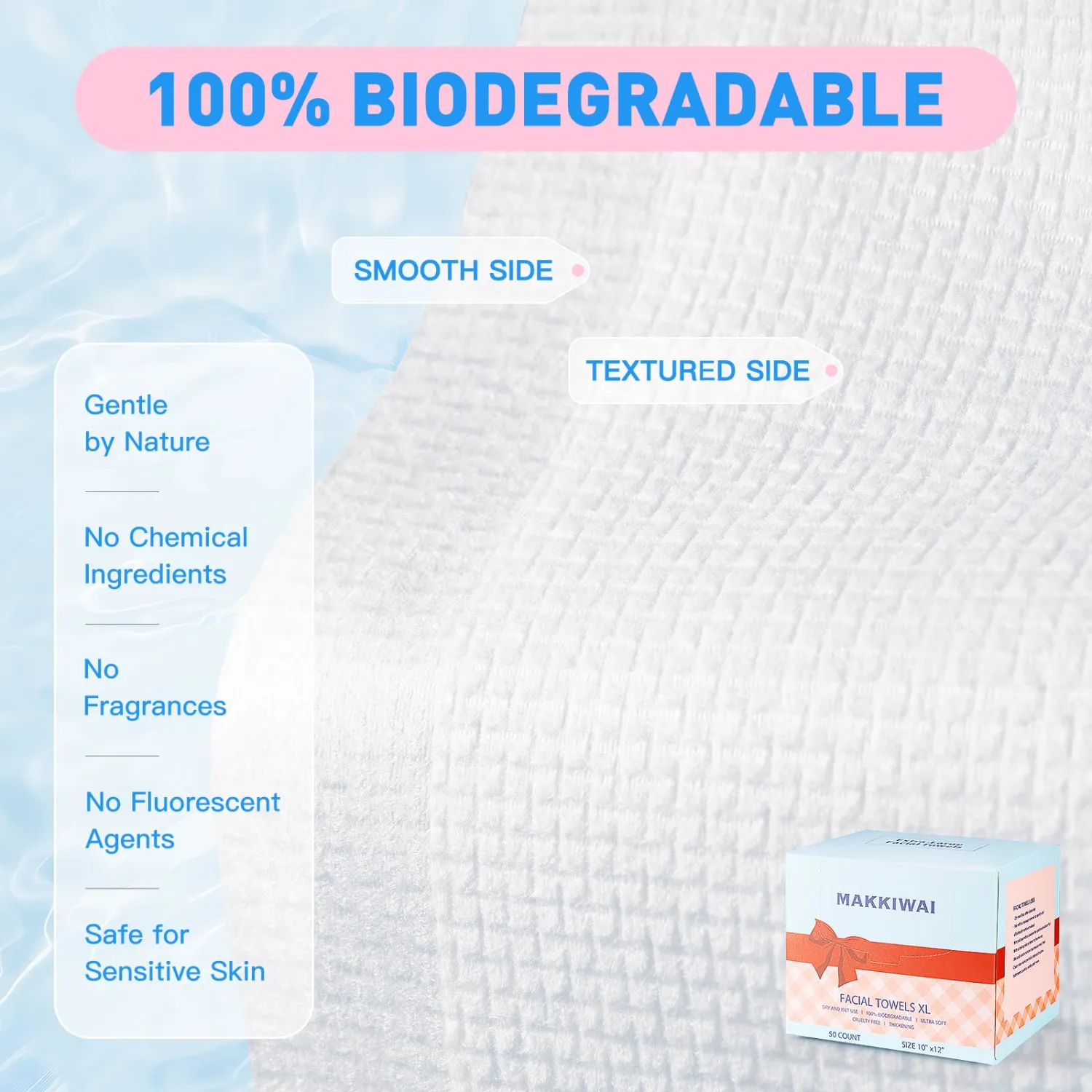 Face Towels Skin Club,1 Pack 50 Ct makeup remover wipes, 10"×12" Disposable eyelid wipes XL, Ultra Soft Makeup Remover Dry Wipes, Facial Towel