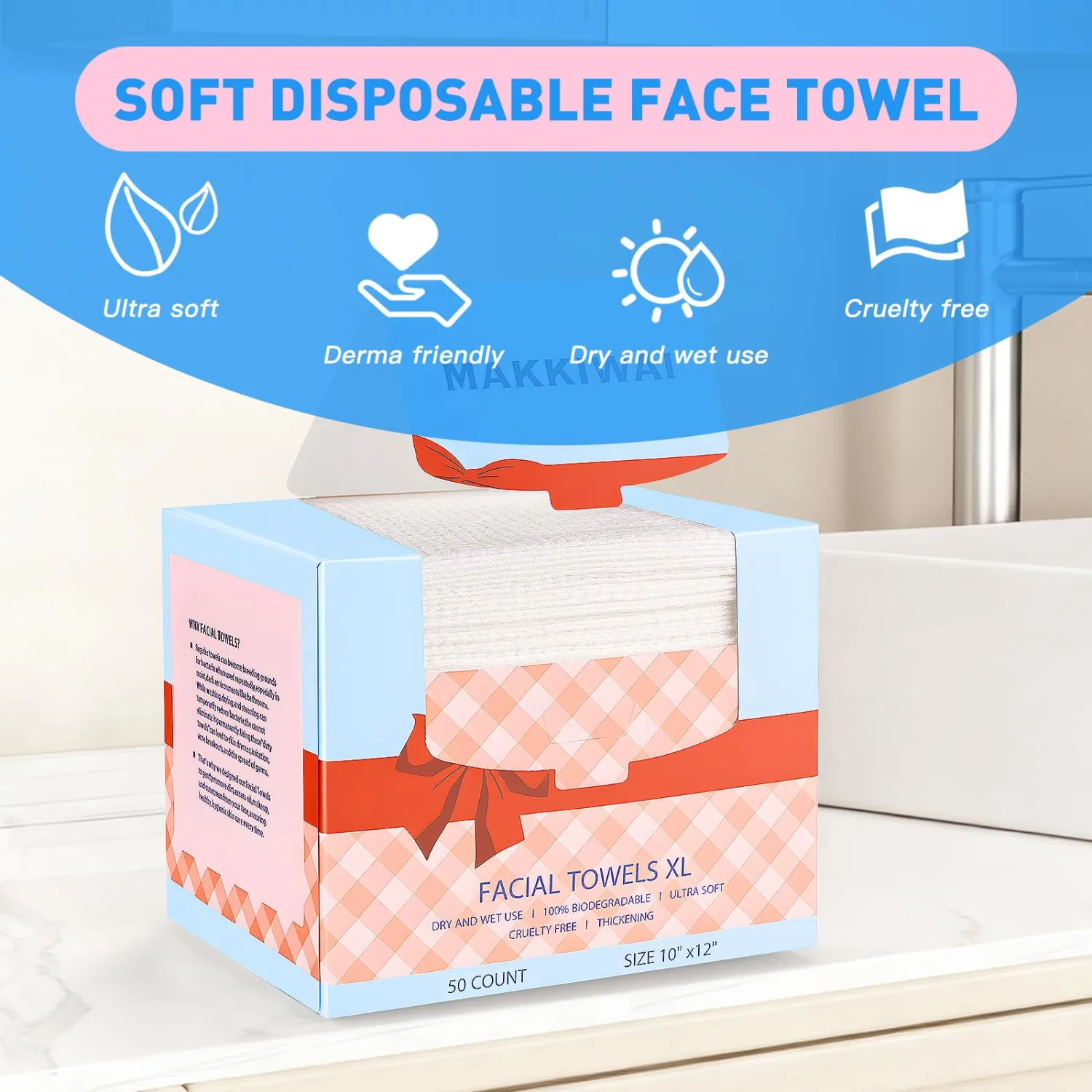 Face Towels Skin Club,1 Pack 100 Ct makeup remover wipes, 10"×12" Disposable eyelid wipes XL, Ultra Soft Makeup Remover Dry Wipes, Facial Towel