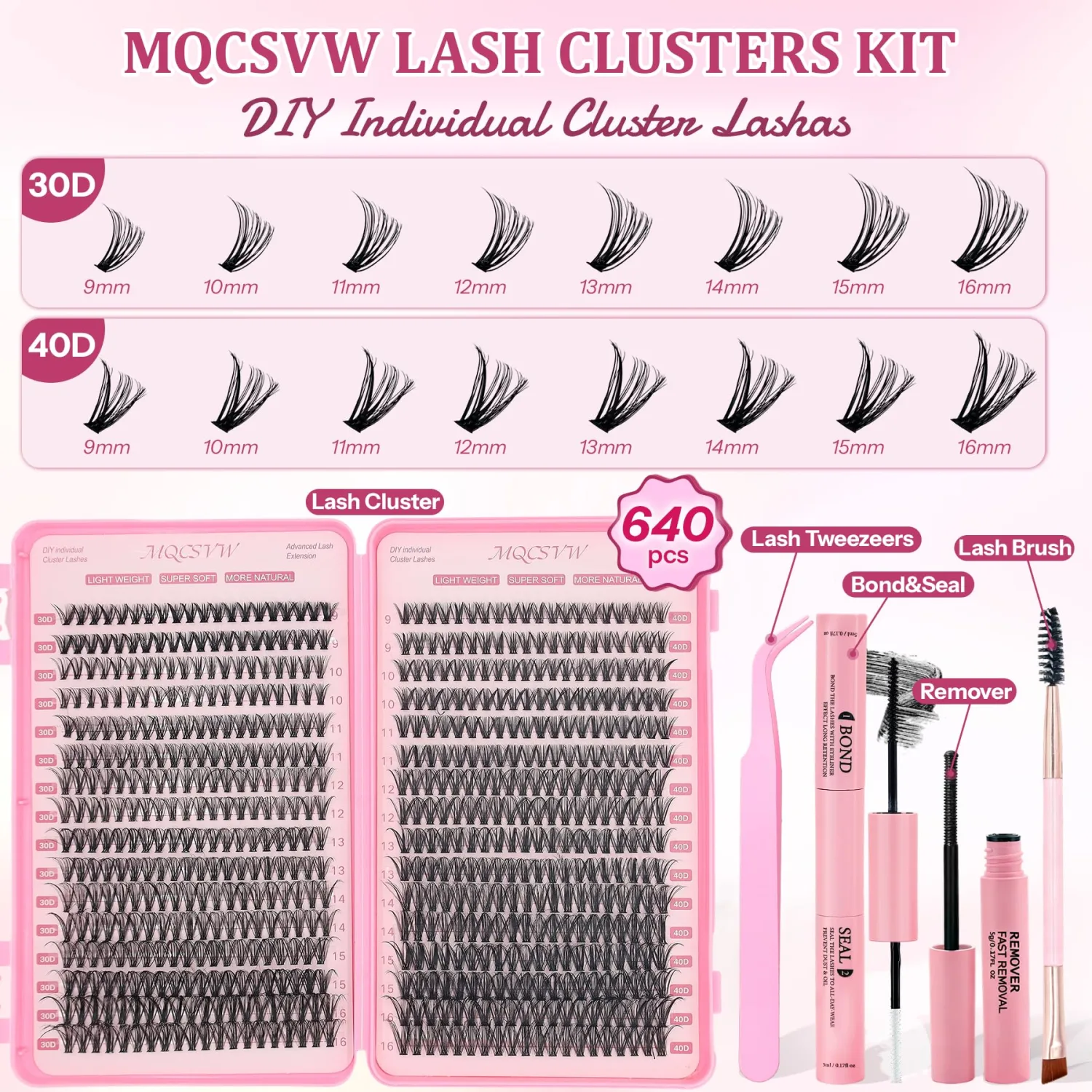 Lash Clusters Kit 640Pcs Cluster Eyelash Extensions, 30D+40D Natural Wispy False Eyelashes DIY 9-16mm Individual Lashes D Curl, with Lash Bond and Seal Remover Tweezers Brush