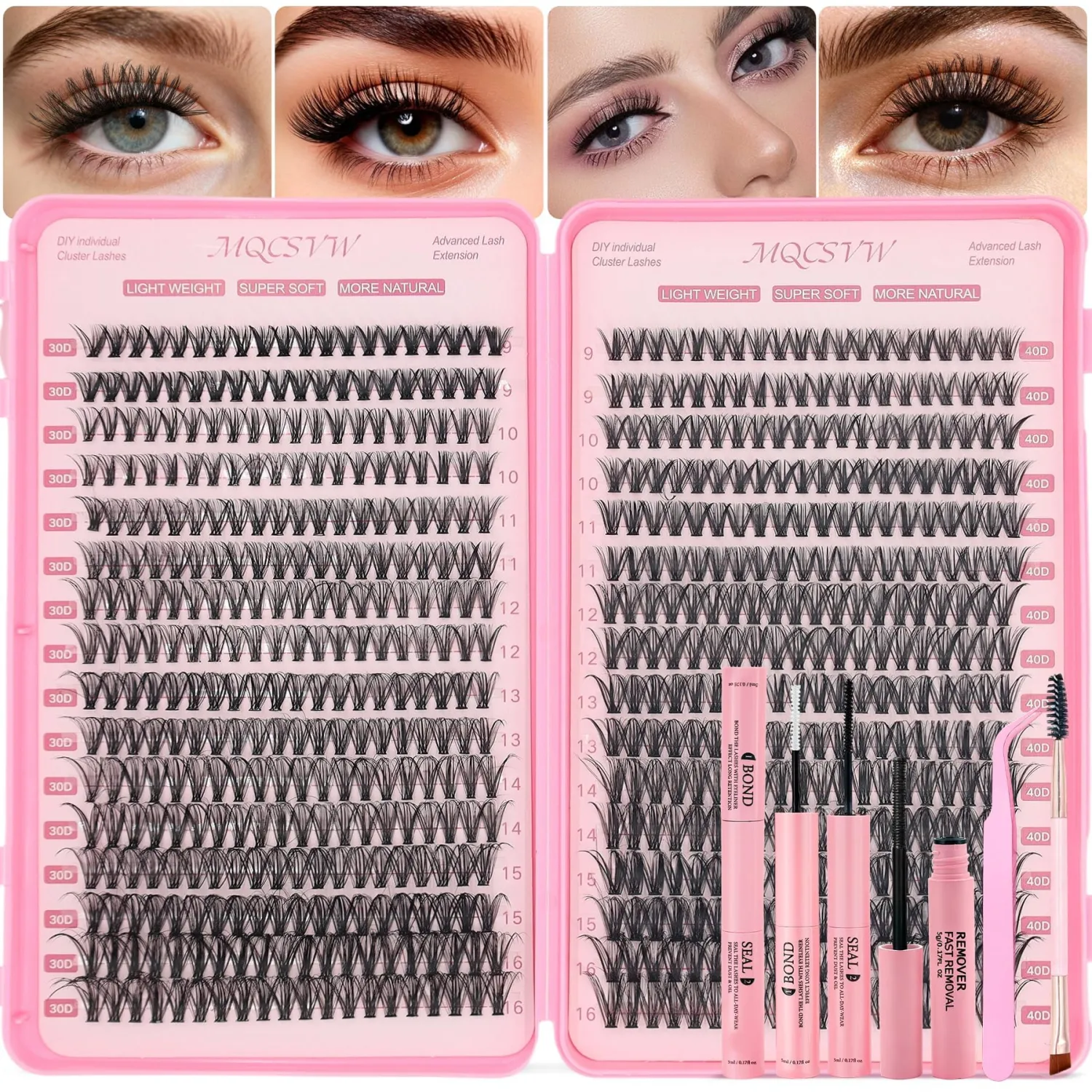 Lash Clusters Kit 640Pcs Cluster Eyelash Extensions, 30D+40D Natural Wispy False Eyelashes DIY 9-16mm Individual Lashes D Curl, with Lash Bond and Seal Remover Tweezers Brush