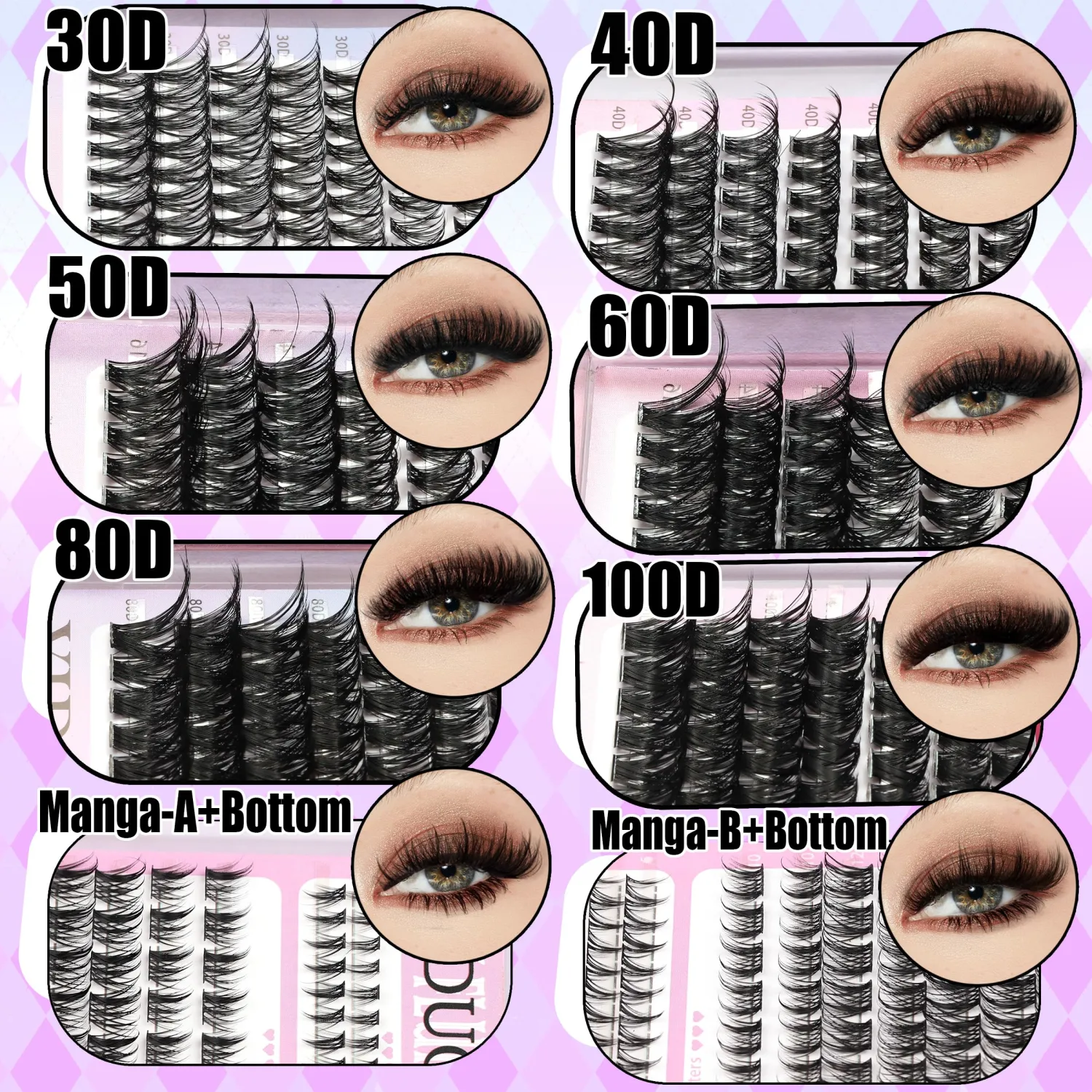 YIDUO 1916Pcs Lashes Clusters Kit 4 Box Cluster Lash Book Kit Gift Packs with Bond&Seal Tool Kit 30D-100D Volume Manga Cluster Eyelash Extension with Bottom Individual False Eyelashe Kit, De Pestañas
