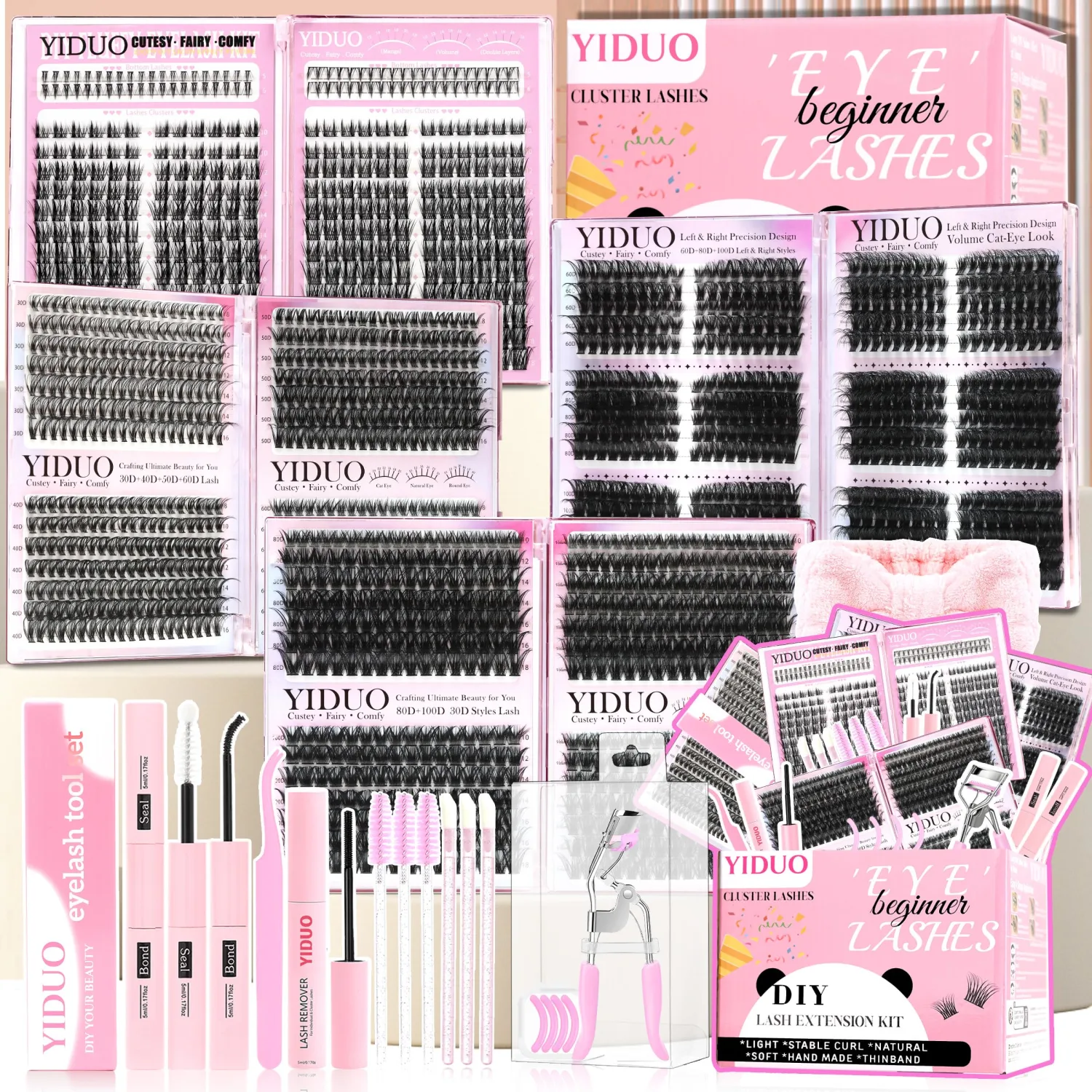 YIDUO 1916Pcs Lashes Clusters Kit 4 Box Cluster Lash Book Kit Gift Packs with Bond&Seal Tool Kit 30D-100D Volume Manga Cluster Eyelash Extension with Bottom Individual False Eyelashe Kit, De Pestañas