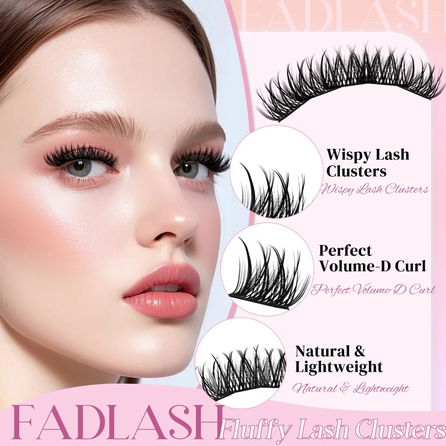 FADLASH Lash Clusters Fluffy Eyelash Clusters D Curl Individual Lash Extensions 8-16mm Natural Volume Cluster Eyelash Extensions for Beginners (YLB062, 8-16mm)