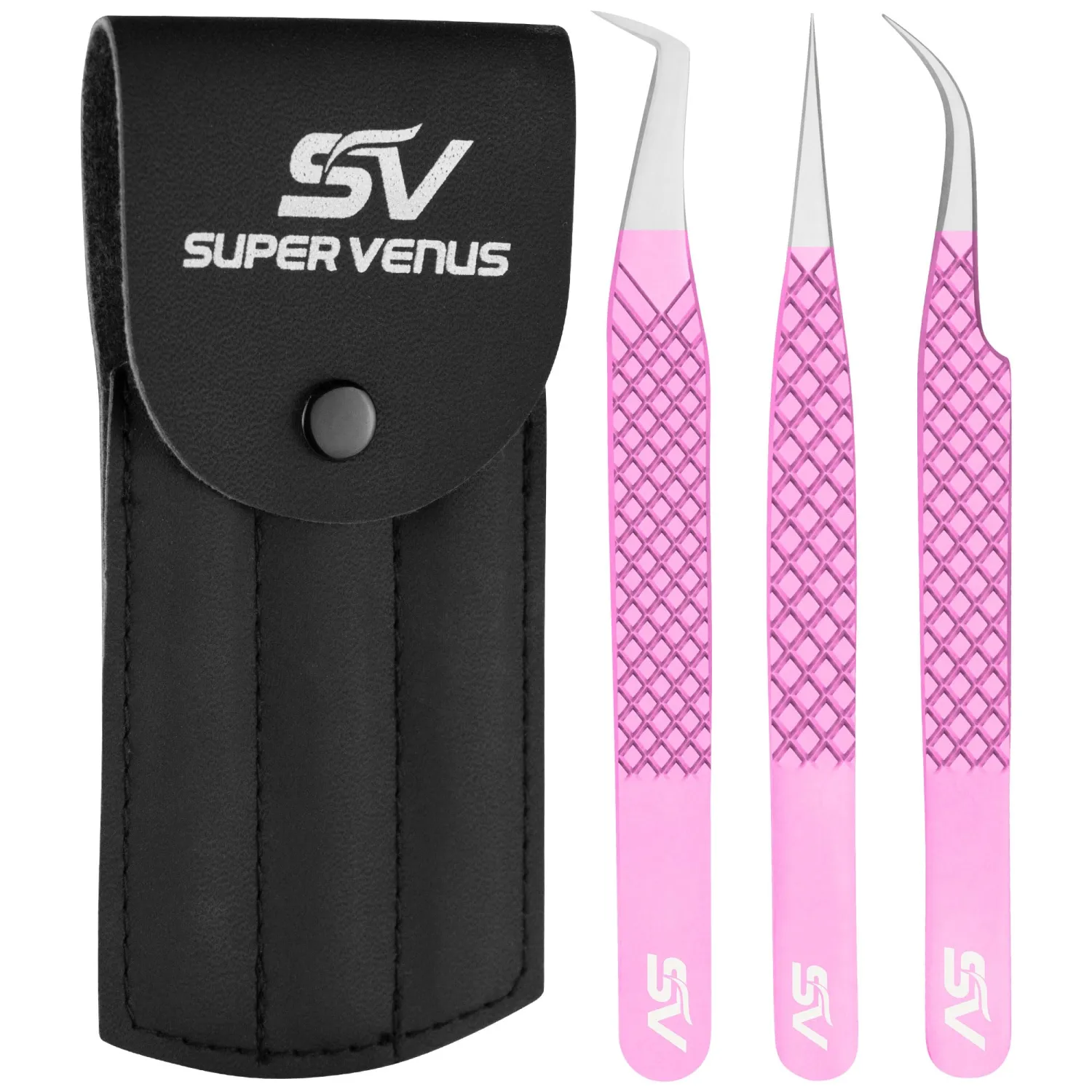 SV Lash Tweezers | Lash Extension Tweezers Set | 5Pcs Stainless Steel Eyelash Extension Tweezers Set | Volume/Isolation Nail Art Curved Tweezers (Pink 3 Pcs)