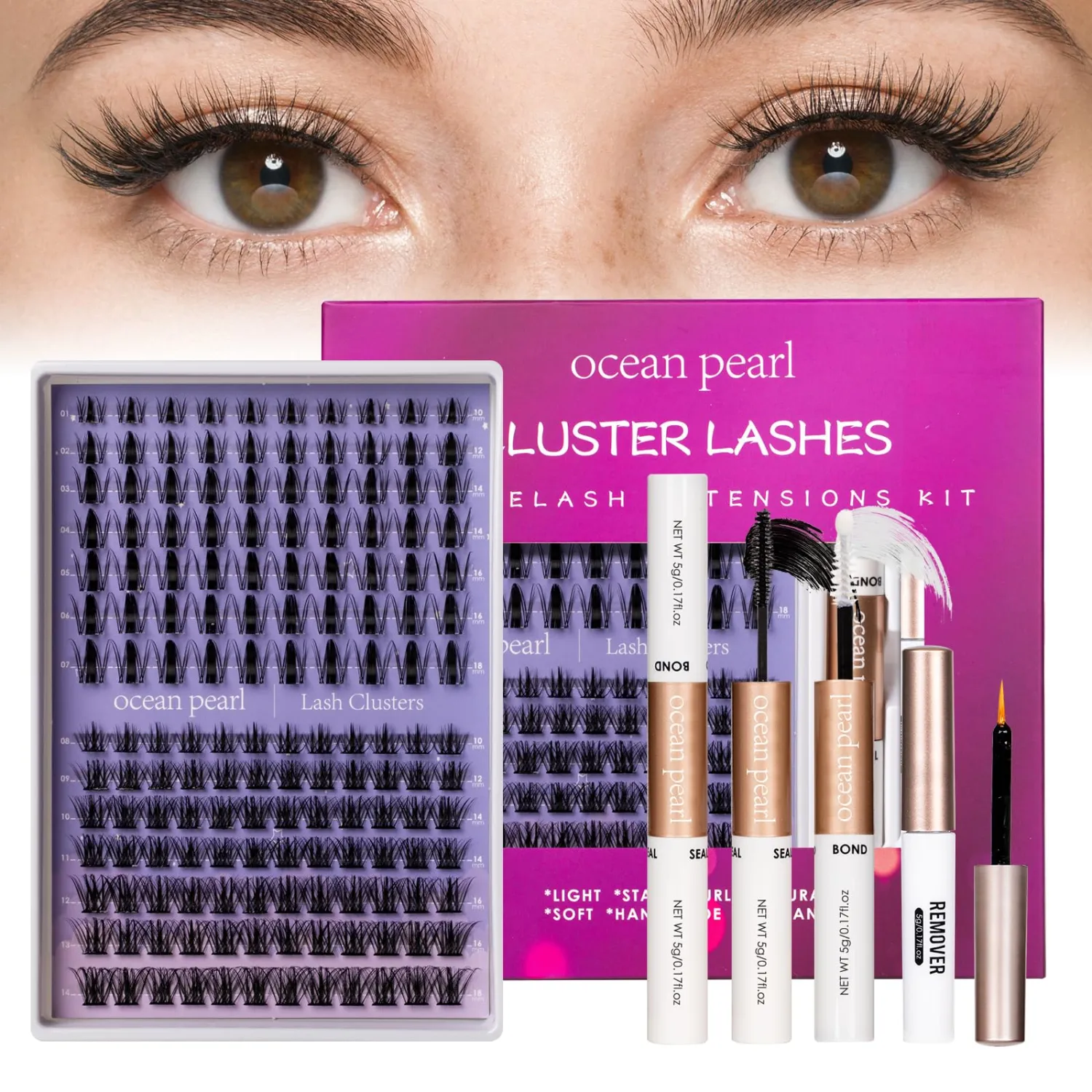 Ocean Pearl Lash Clusters Kit 154pcs 10-18mm manga/anime-inspired lashes clusters,spike-effect cluster lashes,Eyelashes,DIY Cluster Eyelash Extensions kit with lash bond+seal+remover+tweezers-M32+M35