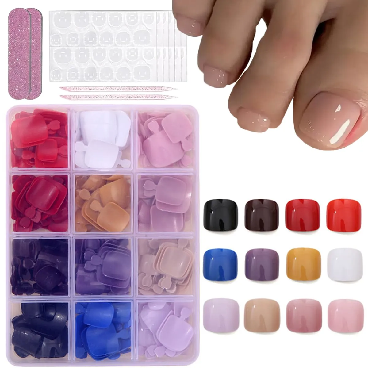 288Pcs Press On Toenails Short Square Fake Toenails 12 Color Toe Nails Press Ons Set Solid Color Acrylic Glue on Toe Nails Reusable Glossy Toe Nail Kit Full Cover False Toenails for Women Manicure