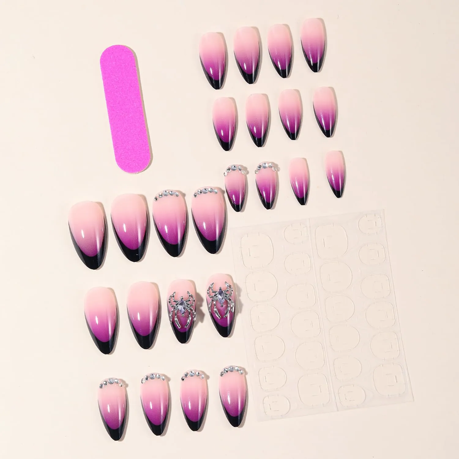 Purple Gradient Press on Nails Amond Shaped Spider Rhinestones 3D Design Acrylic Fake Nail Black French Tip Press Ons Artificial Fingernails Full Cover Almond Stick on Nails for Women 24Pcs