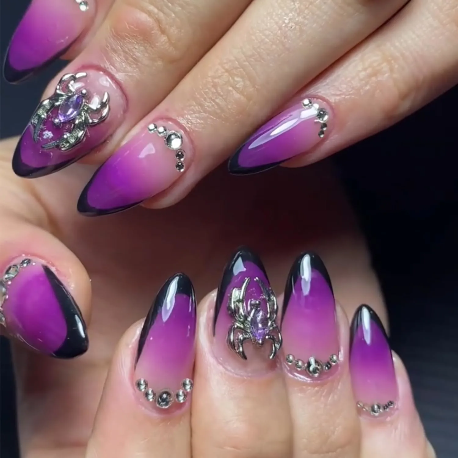 Purple Gradient Press on Nails Amond Shaped Spider Rhinestones 3D Design Acrylic Fake Nail Black French Tip Press Ons Artificial Fingernails Full Cover Almond Stick on Nails for Women 24Pcs
