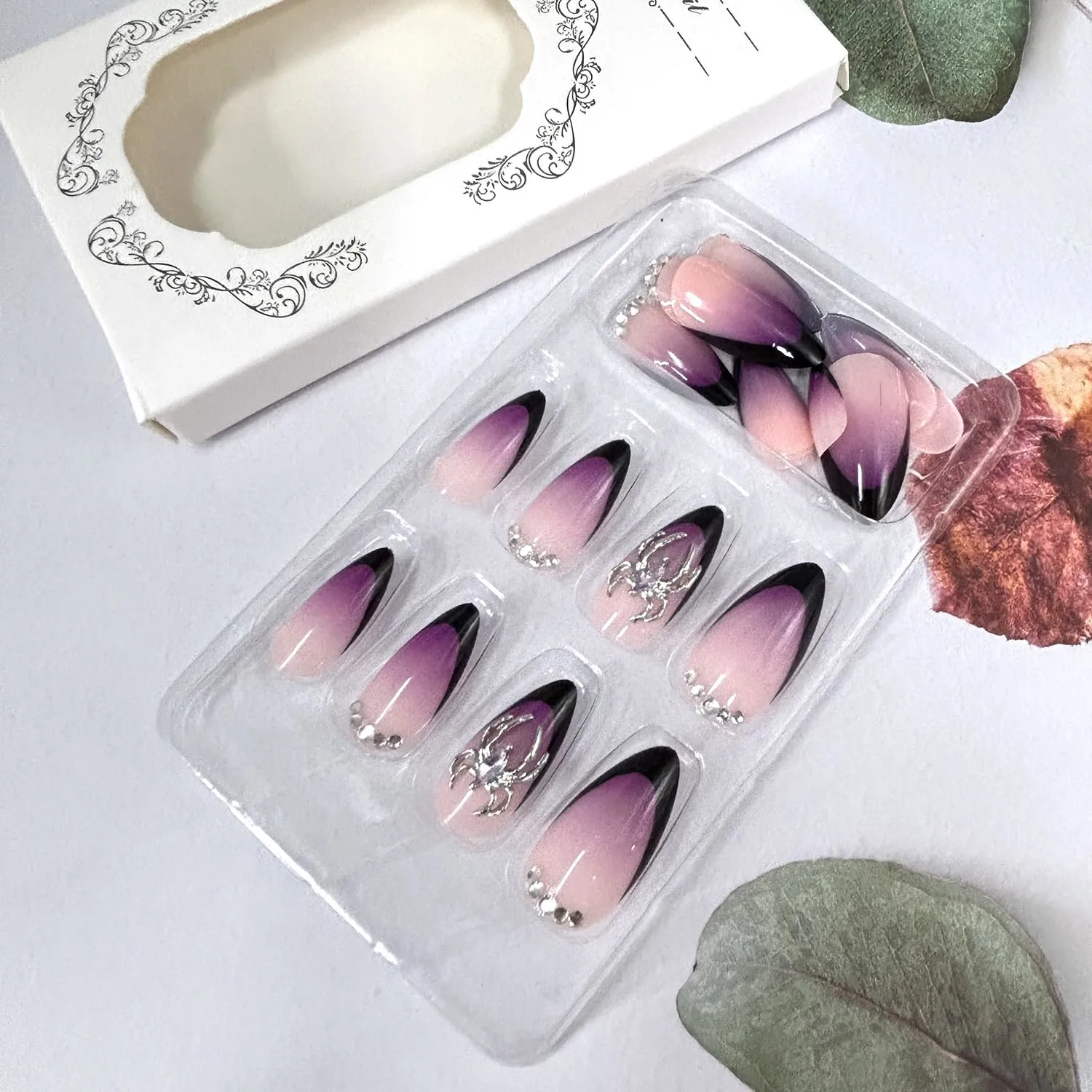 Purple Gradient Press on Nails Amond Shaped Spider Rhinestones 3D Design Acrylic Fake Nail Black French Tip Press Ons Artificial Fingernails Full Cover Almond Stick on Nails for Women 24Pcs
