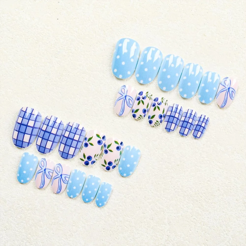 Short Oval Press On Nails -Blueberry Blue Polka Dot Plaid Bow Designs Glossy Finished Reusable False Nails with Glue Tabs - 24Pcs Nail Kit for Women Manicure