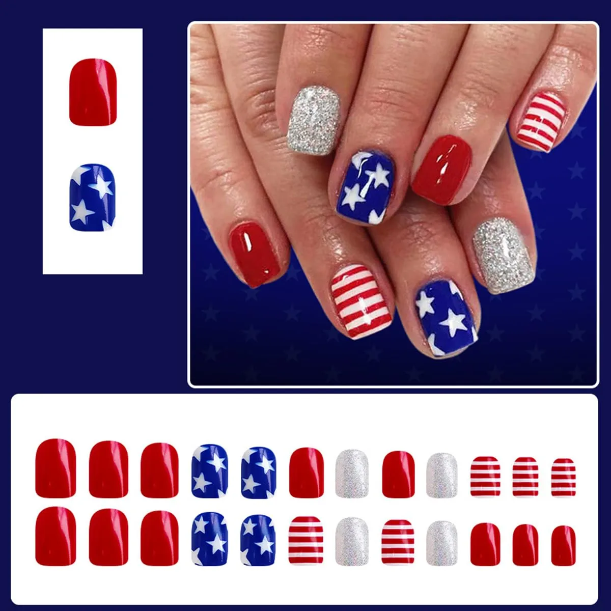 24Pcs Independence Day Press on Nails Short Square Fake Nails Press ons Red Blue Nail Art Tips Stripe Stars Design Silver Glitter False Nails Full Cover Glue on Nails Acrylic Stick on Nail for Women