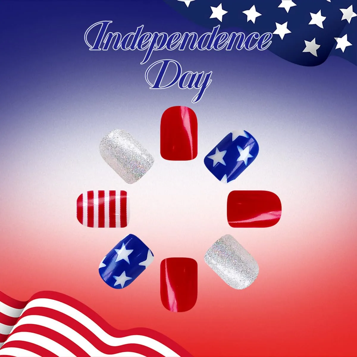 24Pcs Independence Day Press on Nails Short Square Fake Nails Press ons Red Blue Nail Art Tips Stripe Stars Design Silver Glitter False Nails Full Cover Glue on Nails Acrylic Stick on Nail for Women