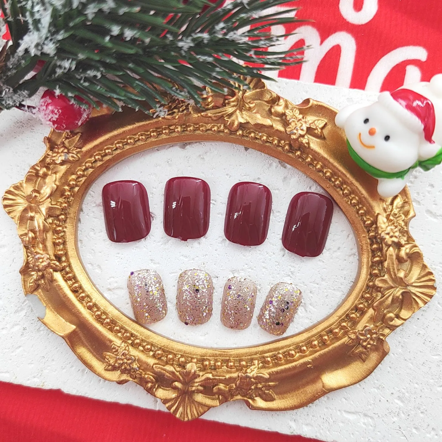 Short Press on Nails Square Fake Nails Red Nails Press ons with Glitter Sequins Designs Winter False Nails for Women 24Pcs