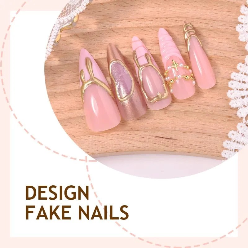 Embossed Press on Nails Long Almond French Pink Nails with 3D Bead and Star for Women 24Pcs