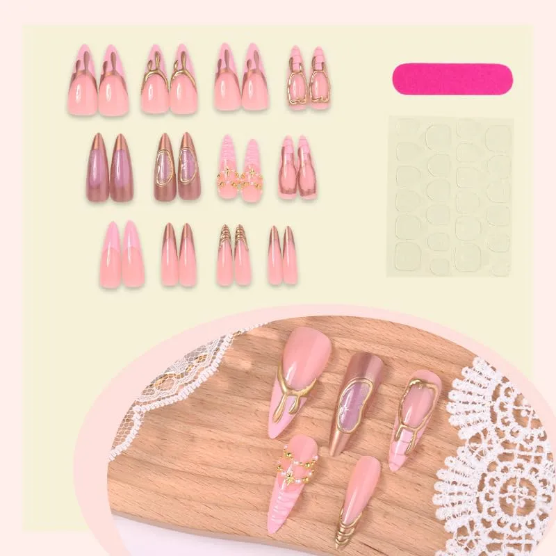 Embossed Press on Nails Long Almond French Pink Nails with 3D Bead and Star for Women 24Pcs