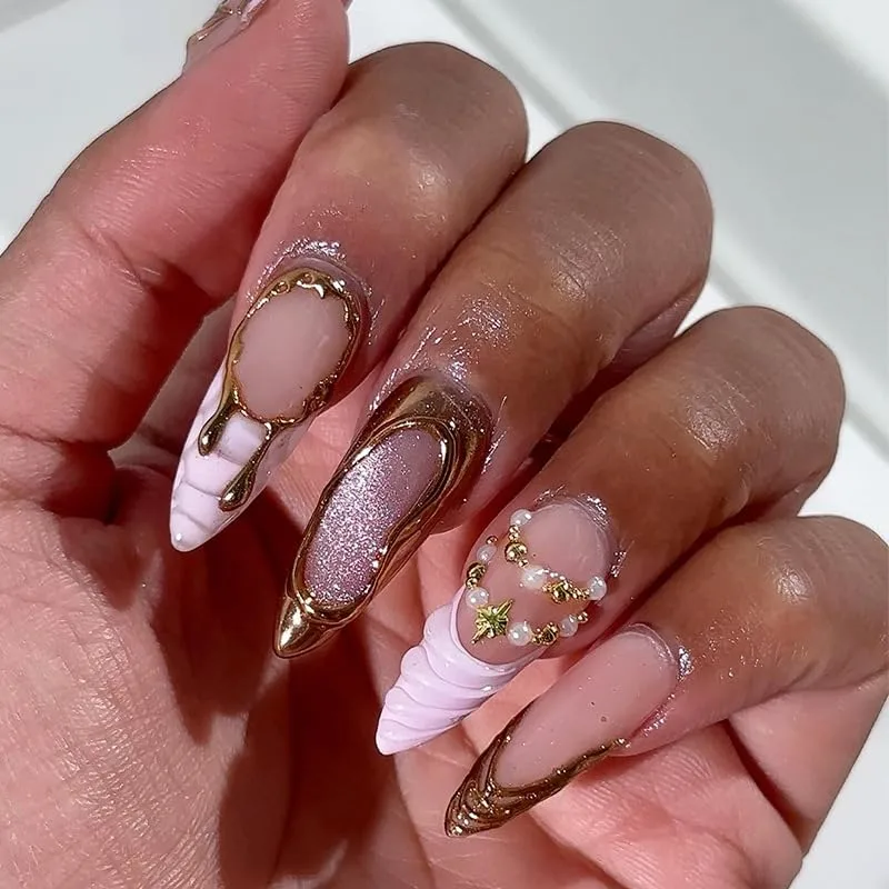 Embossed Press on Nails Long Almond French Pink Nails with 3D Bead and Star for Women 24Pcs