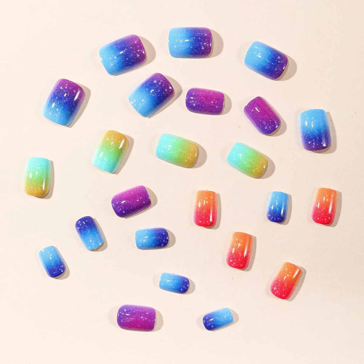 Short Square Press on Nails Summer Fake Nails Cute Short False Nails Glitter Gradient Full Cover Nail Tips Artificial Acrylic Nails Press ons Glue Stick on Nail for Women 24PCS