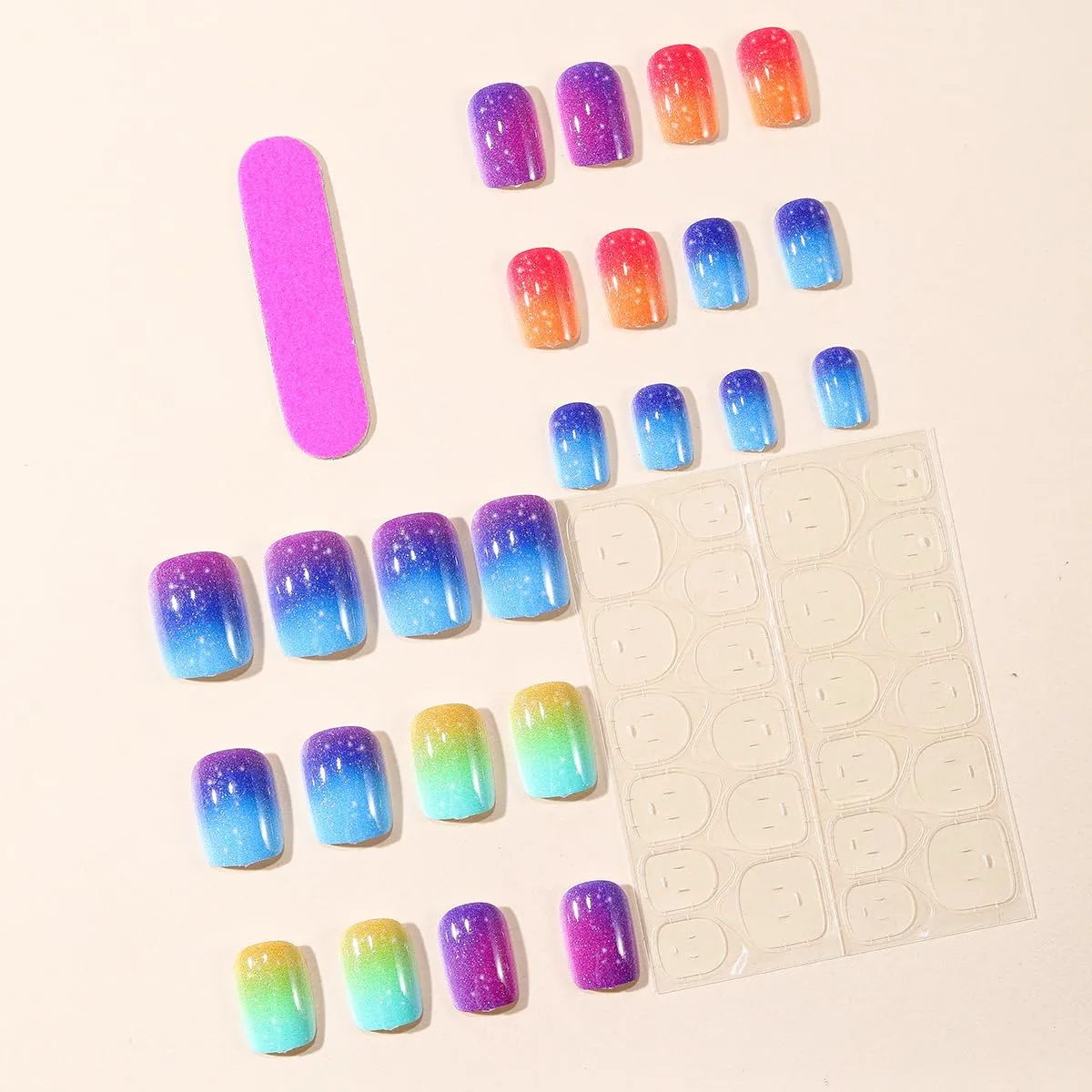 Short Square Press on Nails Summer Fake Nails Cute Short False Nails Glitter Gradient Full Cover Nail Tips Artificial Acrylic Nails Press ons Glue Stick on Nail for Women 24PCS