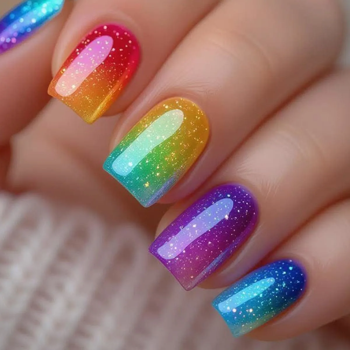 Short Square Press on Nails Summer Fake Nails Cute Short False Nails Glitter Gradient Full Cover Nail Tips Artificial Acrylic Nails Press ons Glue Stick on Nail for Women 24PCS