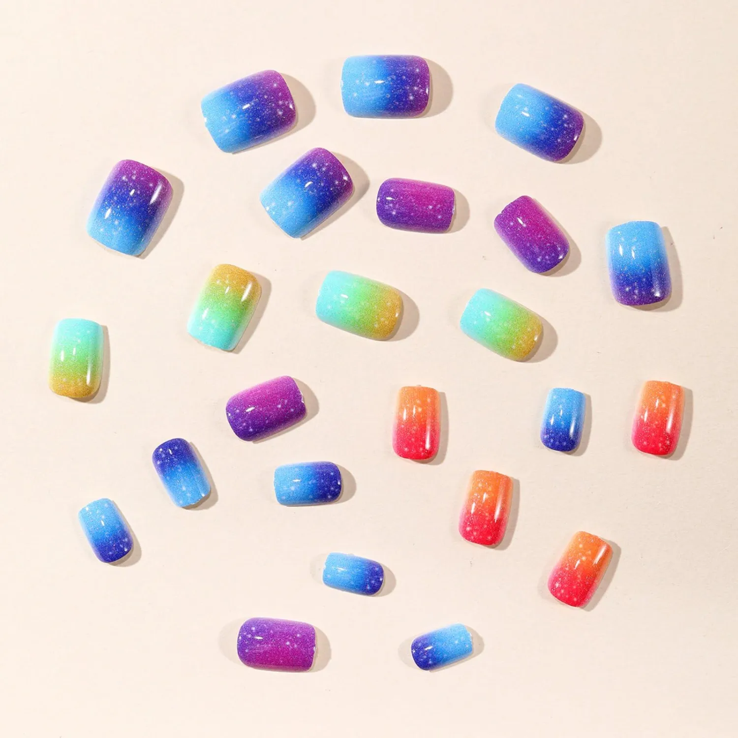 Medium Press on Nails Short Square Fake Nails Colorful False Nails Gradient Rainbow Artificial Nails White Dot Designs Full Cover Stick on Nails Glossy Acrylic False Nails for Women DIY Manicure