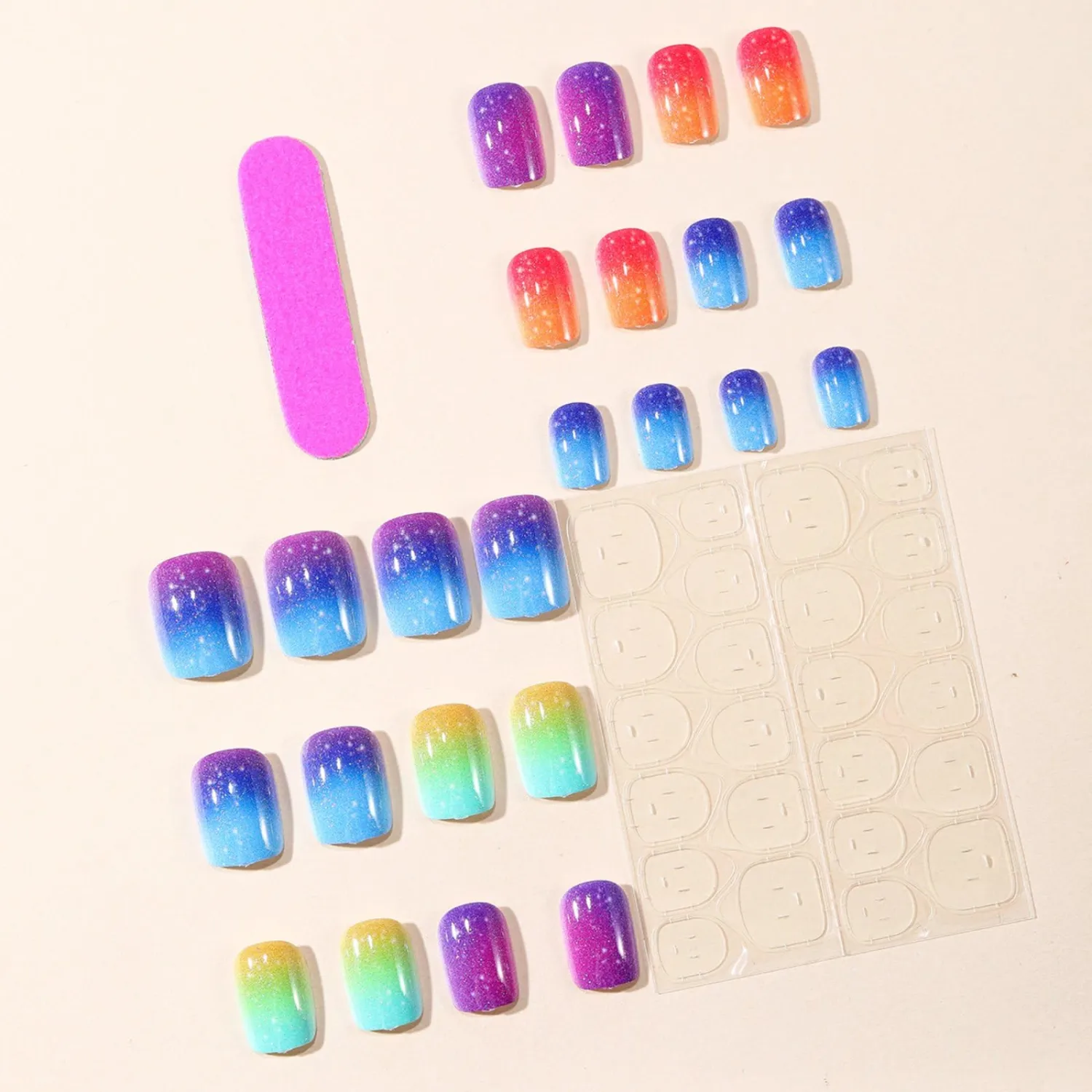 Medium Press on Nails Short Square Fake Nails Colorful False Nails Gradient Rainbow Artificial Nails White Dot Designs Full Cover Stick on Nails Glossy Acrylic False Nails for Women DIY Manicure