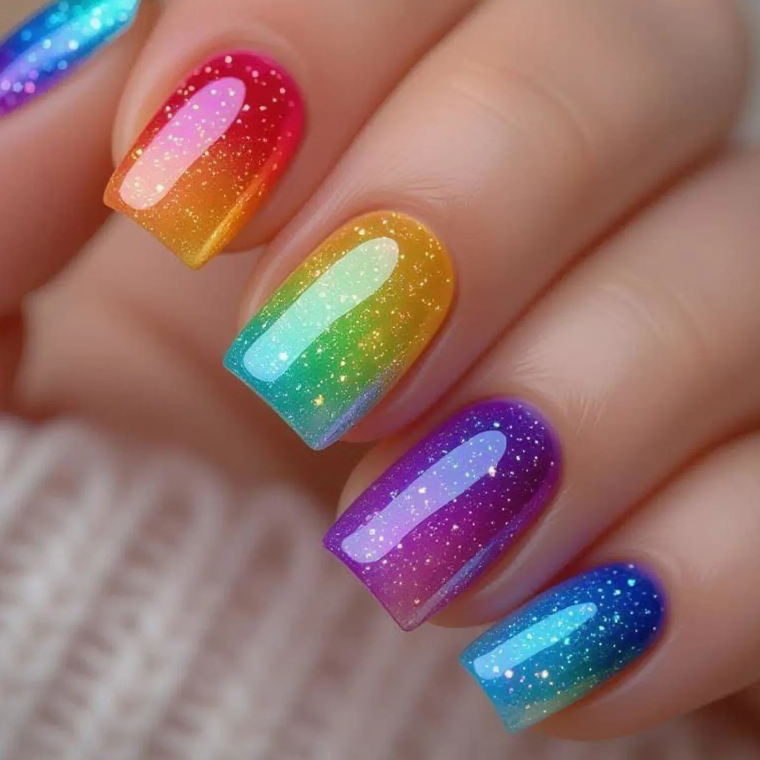 Medium Press on Nails Short Square Fake Nails Colorful False Nails Gradient Rainbow Artificial Nails White Dot Designs Full Cover Stick on Nails Glossy Acrylic False Nails for Women DIY Manicure