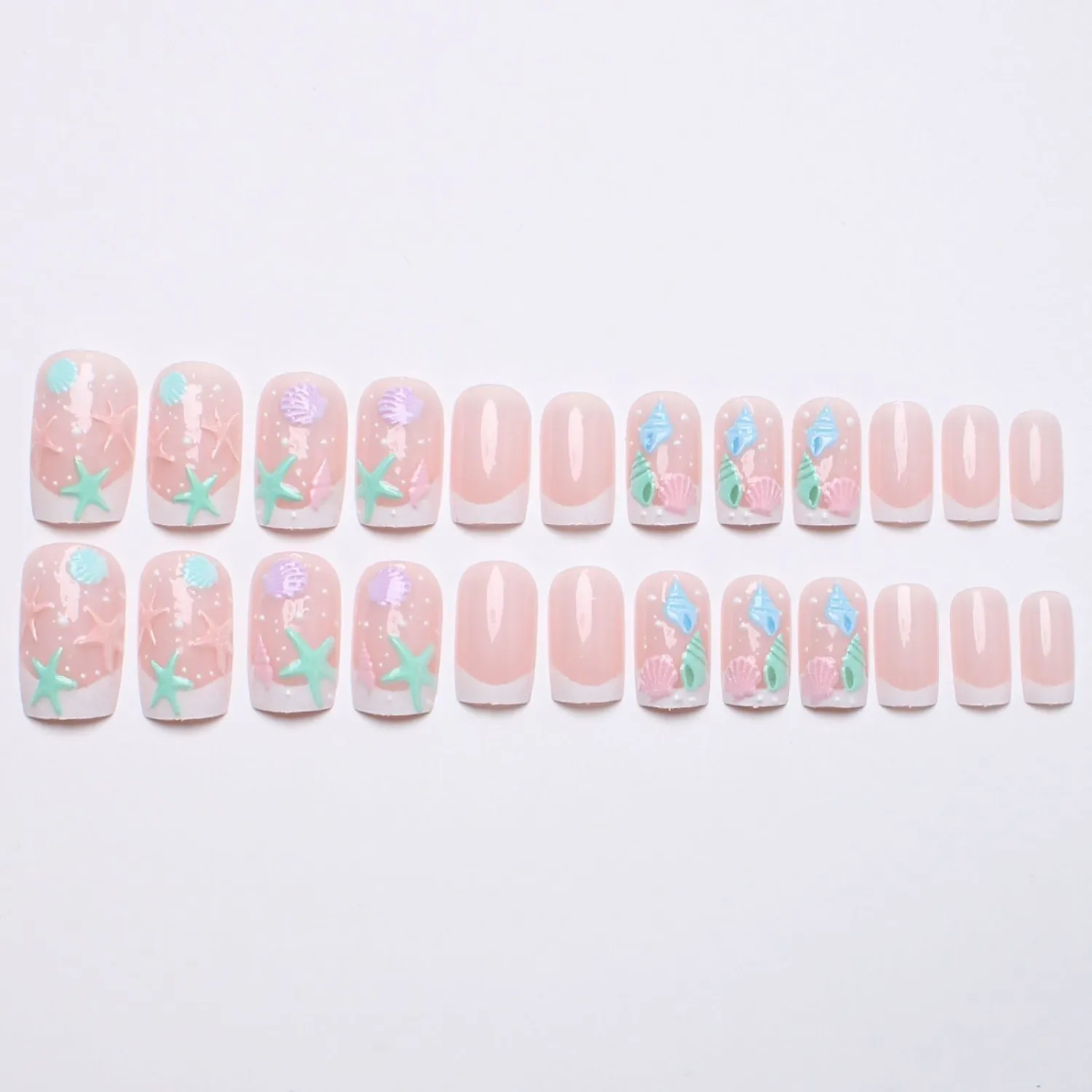 French Tip Press on Nails Summer Fake Nails Spring Medium Square False Nails with Shell Conch Starfish Bubbles Design Sea Beach Artificial Nails Full Cover Glossy Stick on Nails for Women Manicure