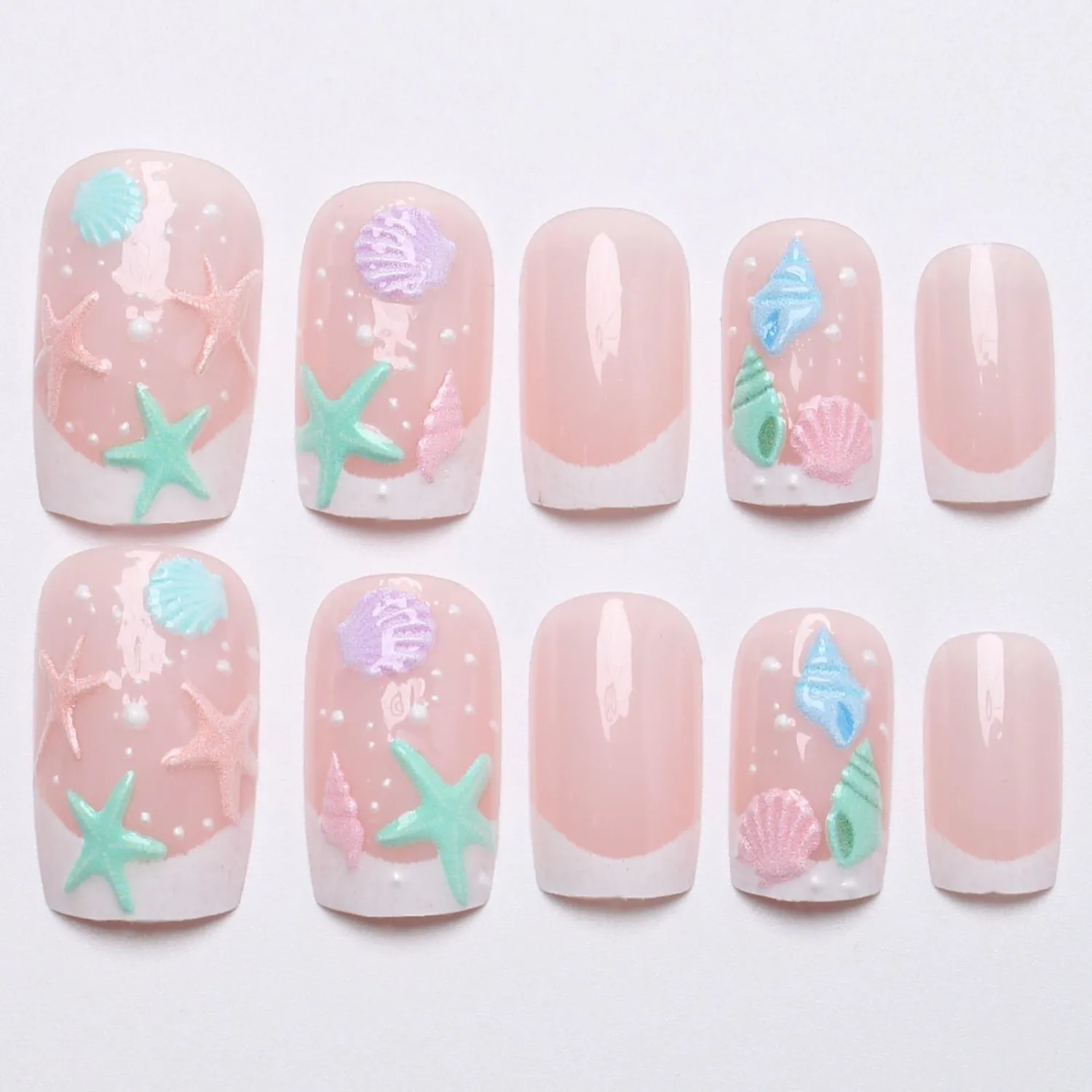 French Tip Press on Nails Summer Fake Nails Spring Medium Square False Nails with Shell Conch Starfish Bubbles Design Sea Beach Artificial Nails Full Cover Glossy Stick on Nails for Women Manicure