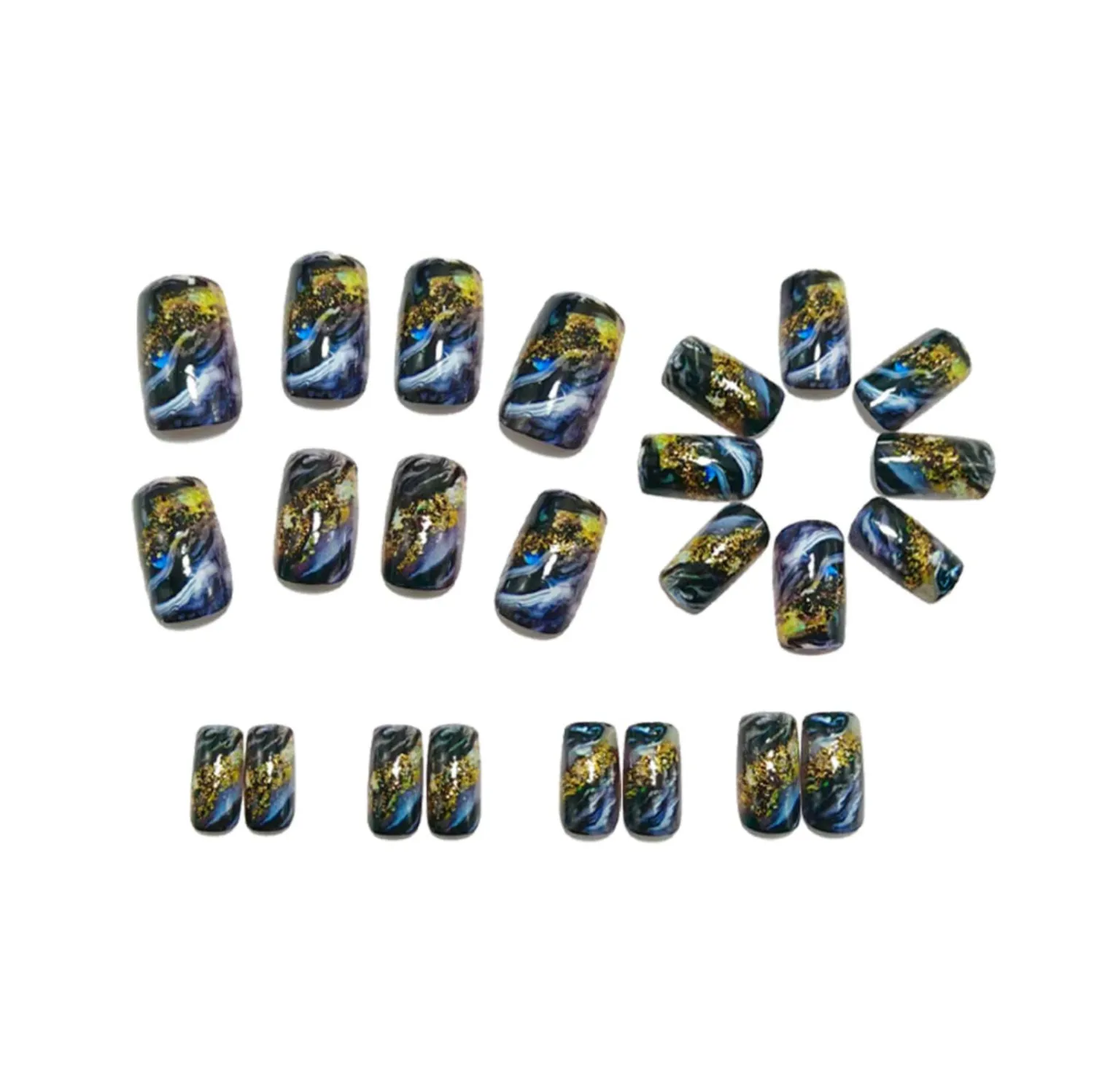 Black Press on Nails Medium Fake Nails Full Cover False Nails with Gold Foil Designs Smudge Line Acrylic Nail Square Shape Artificial Nails Glossy Stick on Nails for Women DIY Manicure Decorations