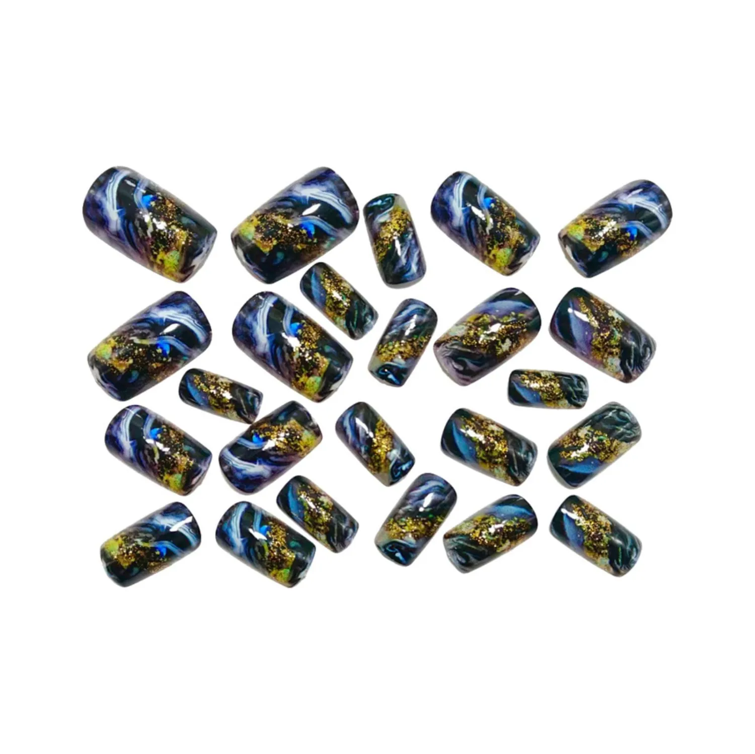 Black Press on Nails Medium Fake Nails Full Cover False Nails with Gold Foil Designs Smudge Line Acrylic Nail Square Shape Artificial Nails Glossy Stick on Nails for Women DIY Manicure Decorations