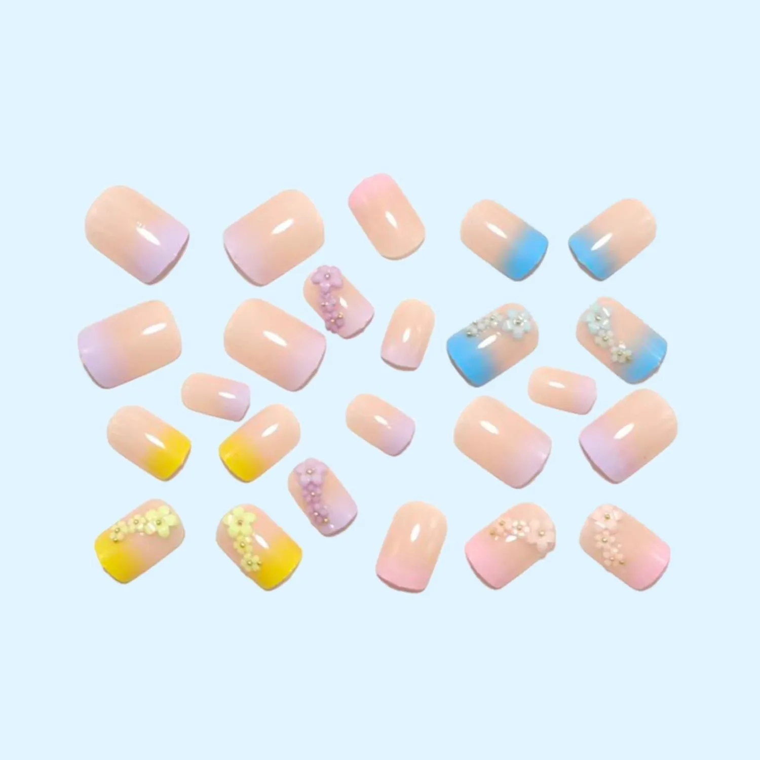 Flower Press on Nails Short Square Fake Nails Spring False Nails with Flowers Charms Design Gradient Colorful Artificial Nails Full Cover Glossy Summer Floral Stick on Nails for Women DIY Manicure