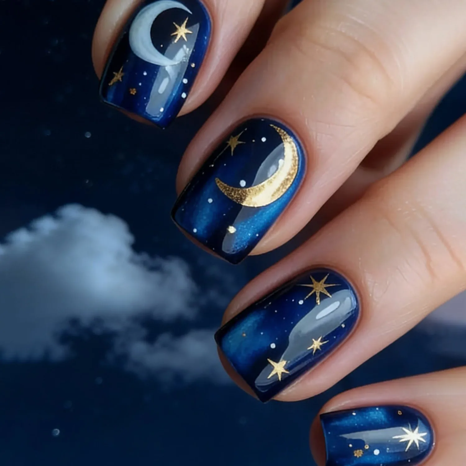 Dark Blue Press on Nails Short Square Fake Nails Starry Night False Nails with Moon Star Design Blue Artificial Nails Full Cover Starry Sky Acrylic Nails Glossy Stick on Nails for Women Manicure 24Pcs