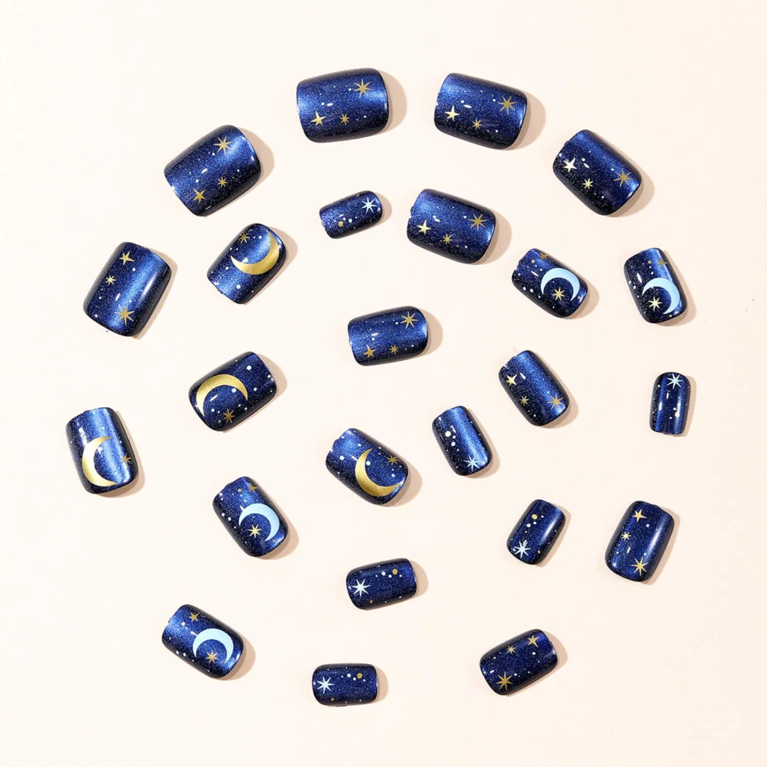 Dark Blue Press on Nails Short Square Fake Nails Starry Night False Nails with Moon Star Design Blue Artificial Nails Full Cover Starry Sky Acrylic Nails Glossy Stick on Nails for Women Manicure 24Pcs